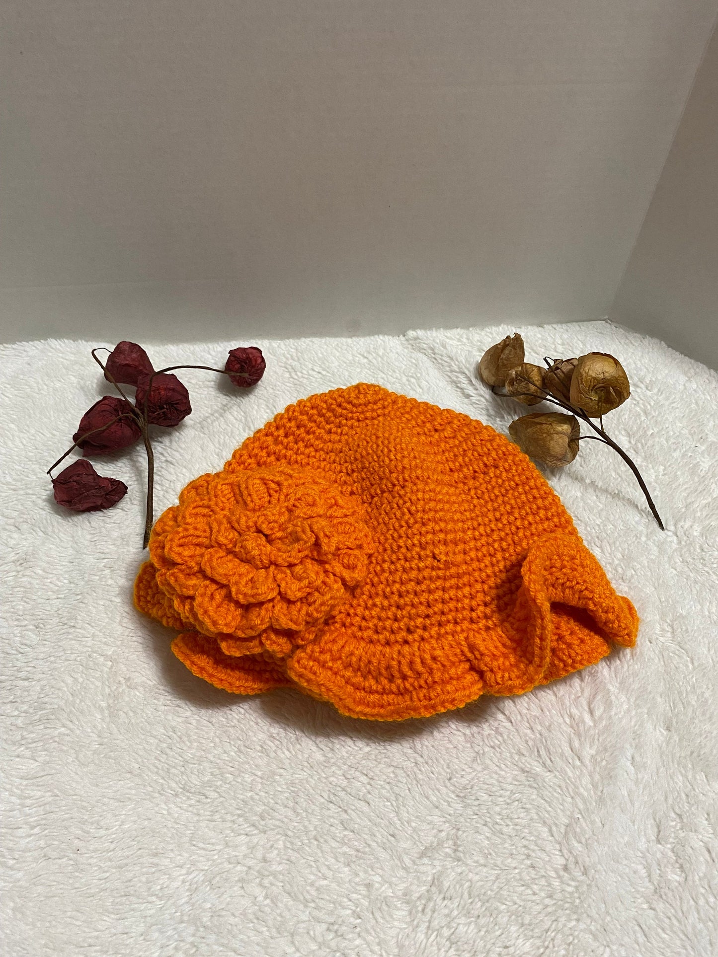Crochet Bucket Hat with Flower: Orange Acrylic Handmade Women's Hat