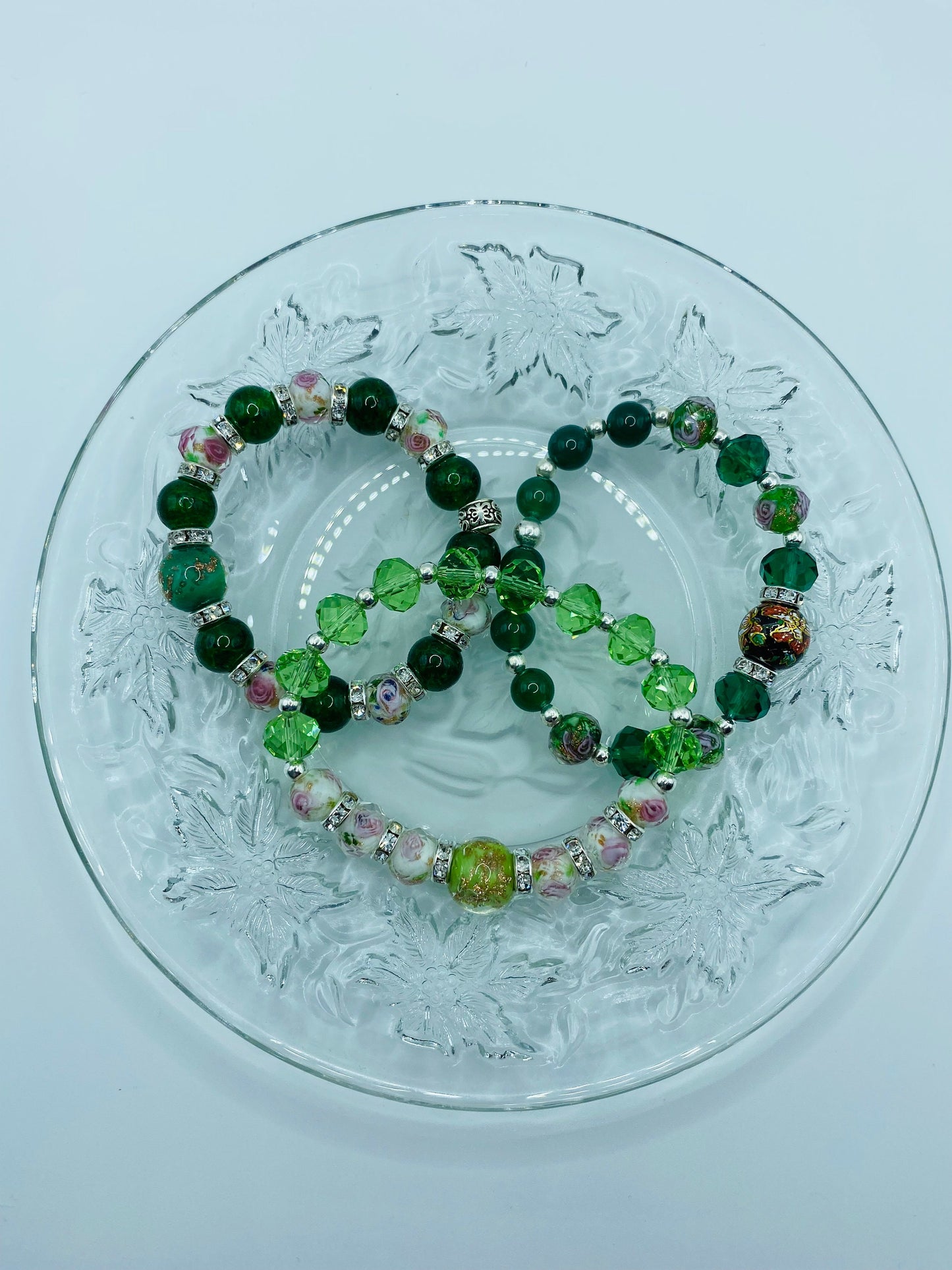 Lampwork Floral Crystal Bracelet: Green Glass Bead Handmade Jewelry