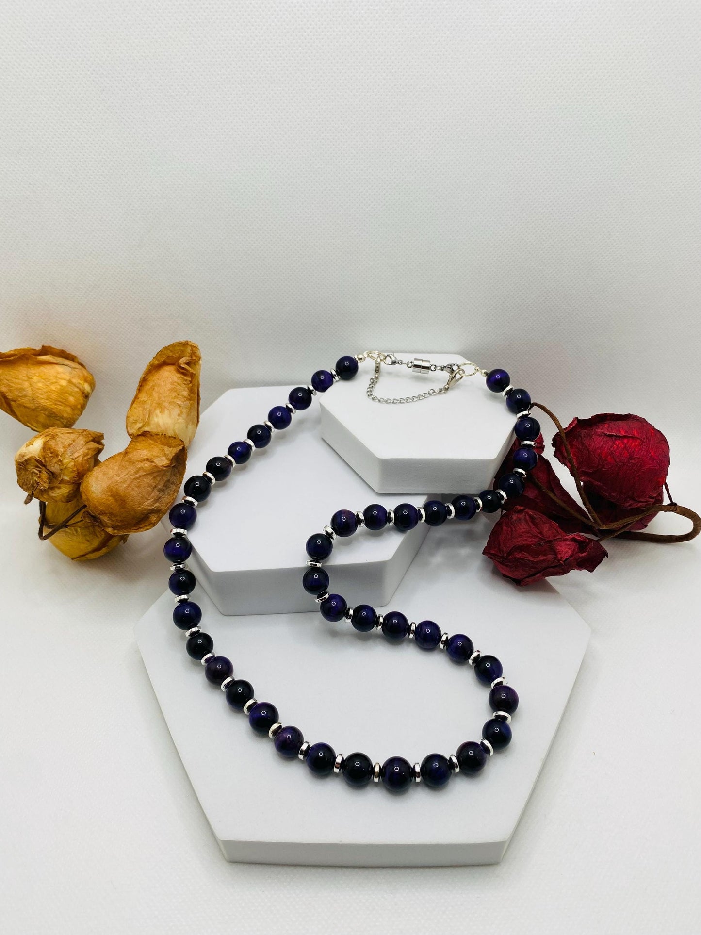 Purple Tigers Eye Necklace: Silver Hematite Gemstone Beaded Jewelry