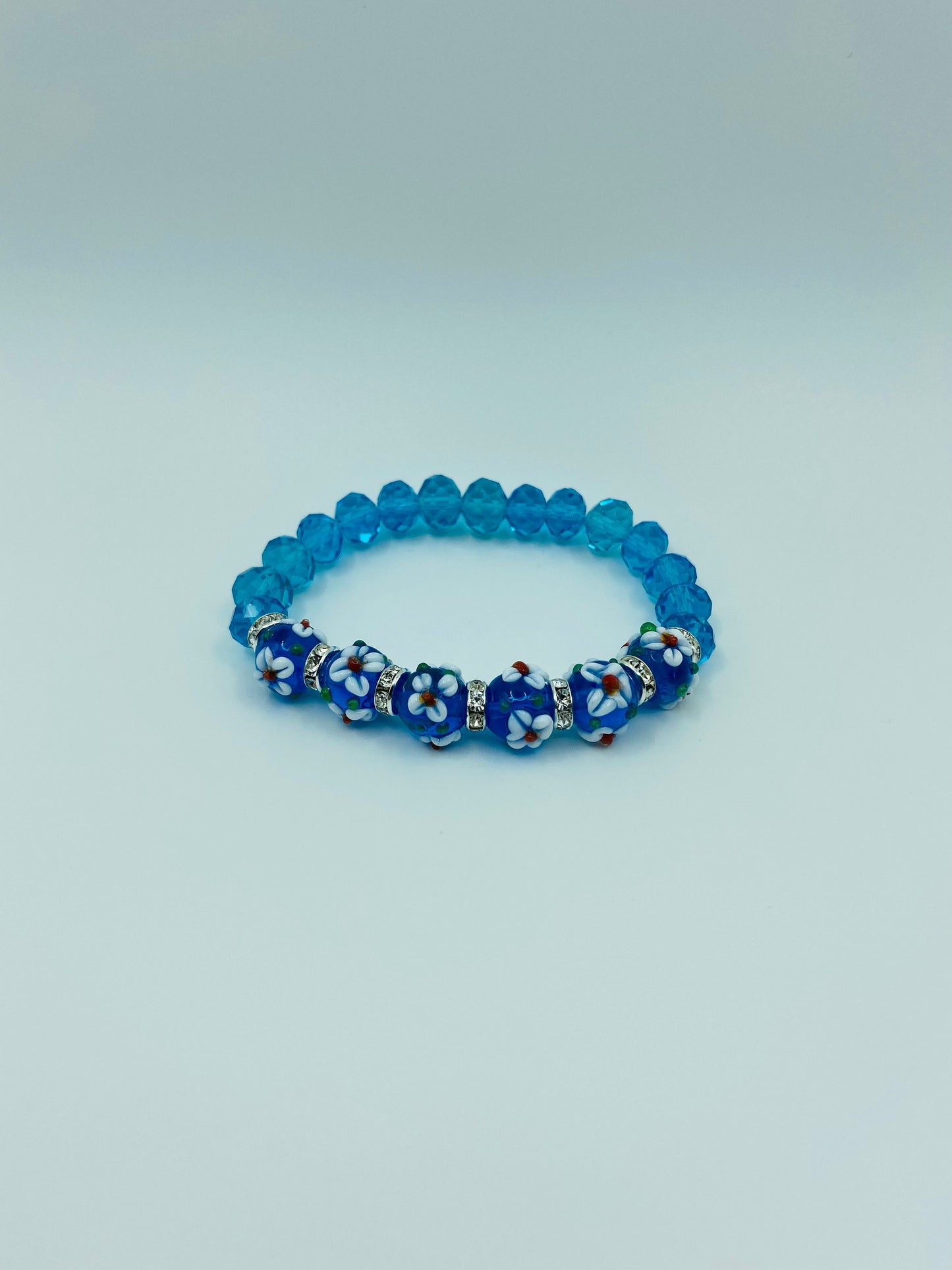 Blue Crystal Bracelet: Floral Lampwork Glass Beads, Rhinestone Rondelles