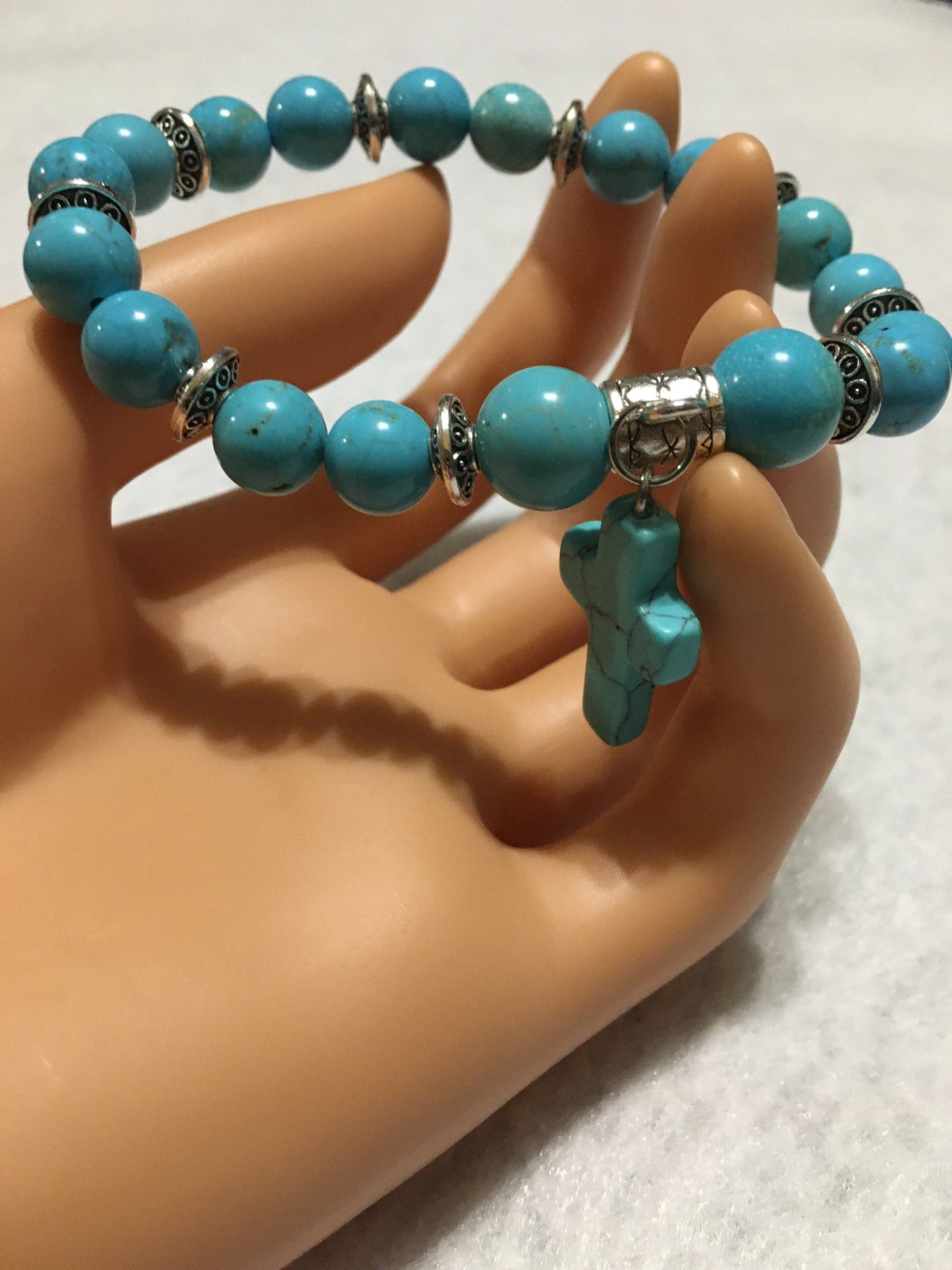 Turquoise Mens Bracelet with Religious Cross Charm
