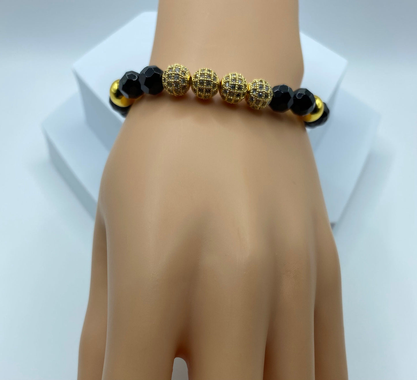 Black Onyx Bracelet for Men: Gold CZ Inlaid Beads, Hematite Gemstone