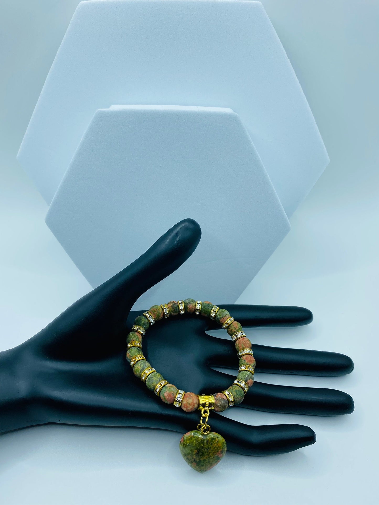 Unakite Heart Charm Bracelet: Gemstone Beads, 18k Gold Accents