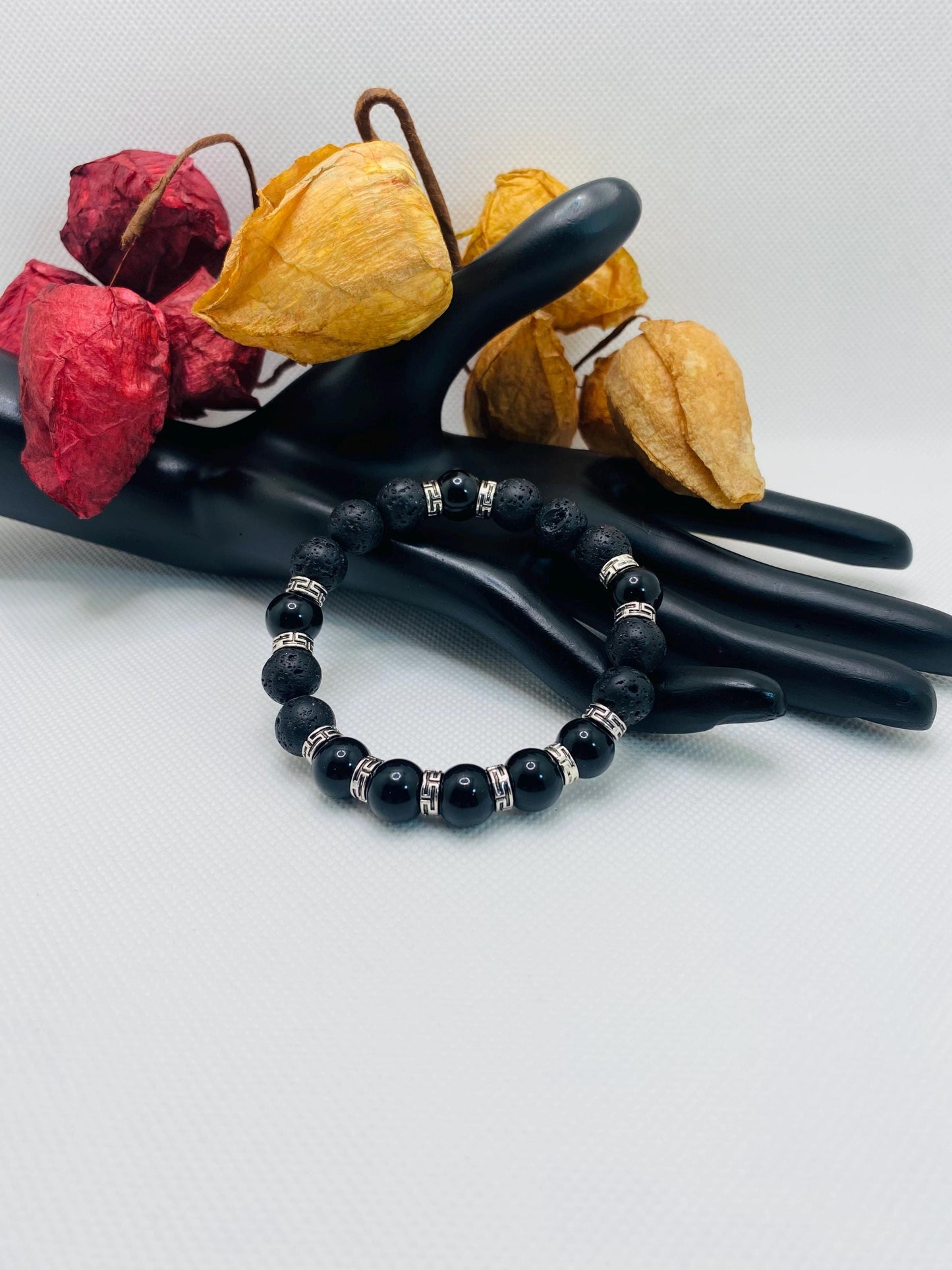 Black Onyx & Lava Rock Bracelet with Tibetan Spacers
