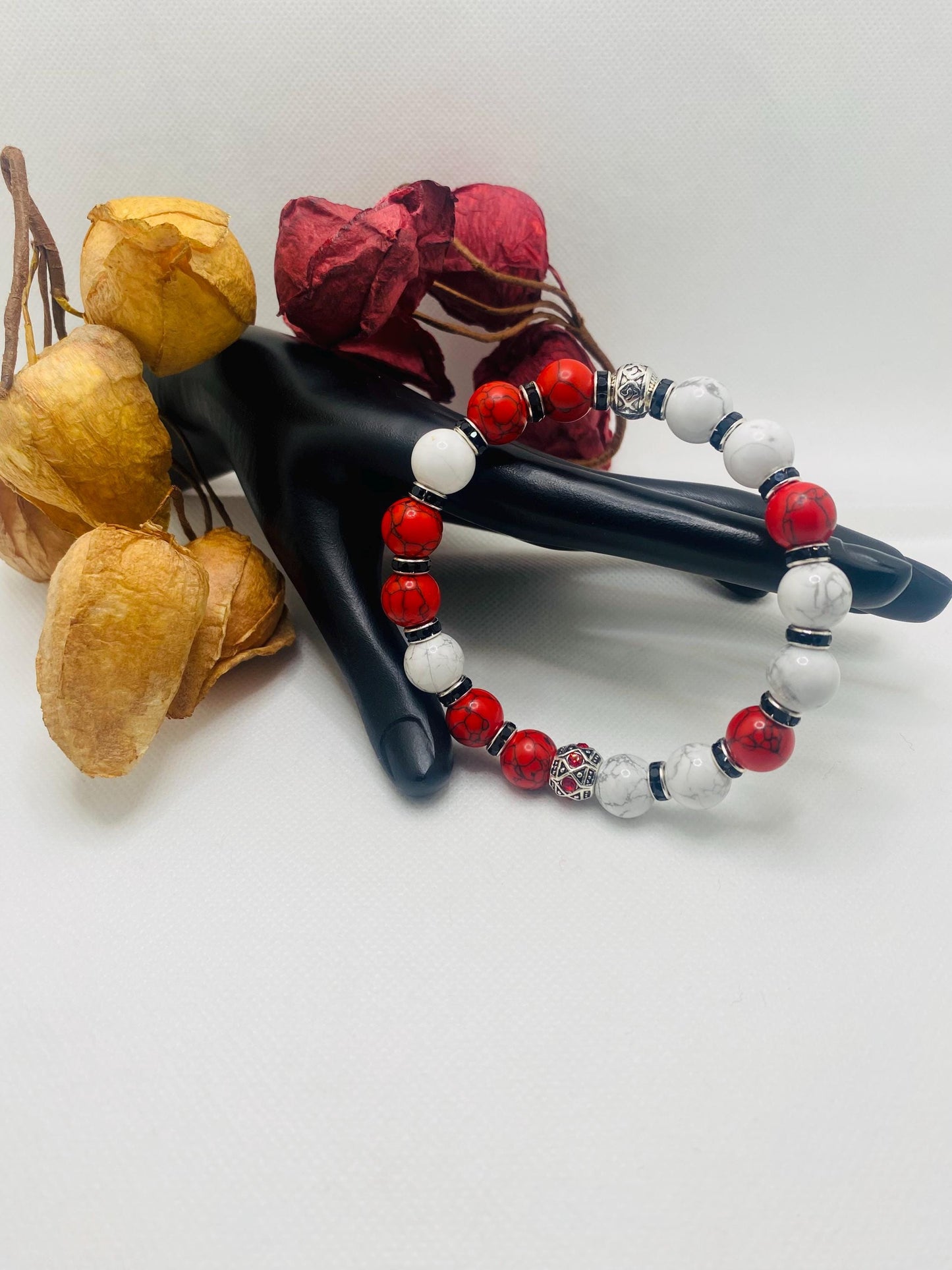 Mens Red Turquoise & Howlite Beaded Bracelet: Silver Rhinestone Charm