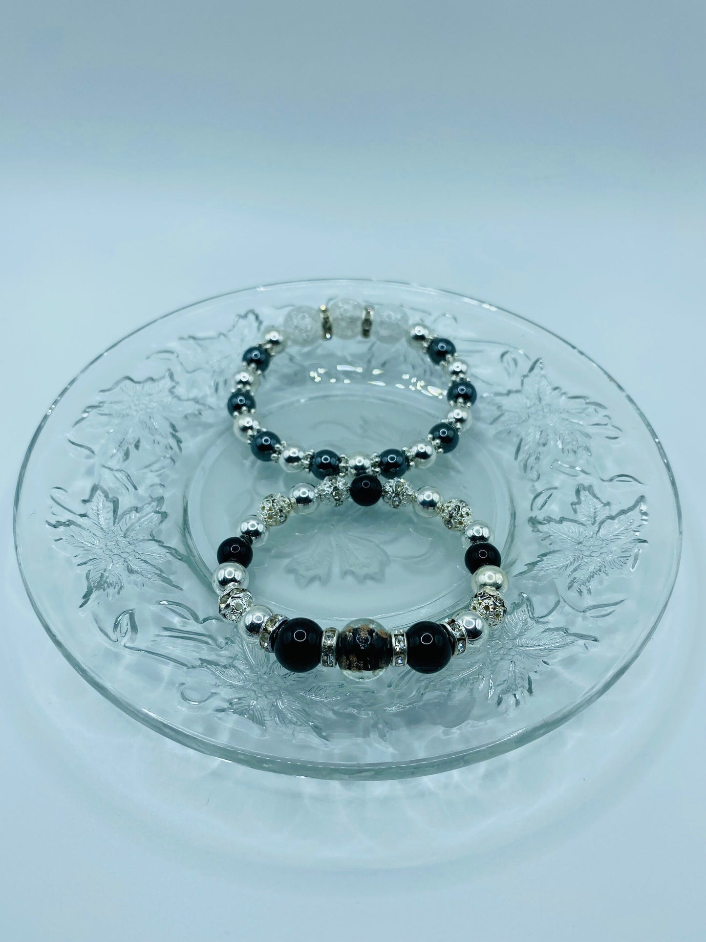 Men's Silver Hematite & Onyx Bracelet with Lampwork Glass Beads