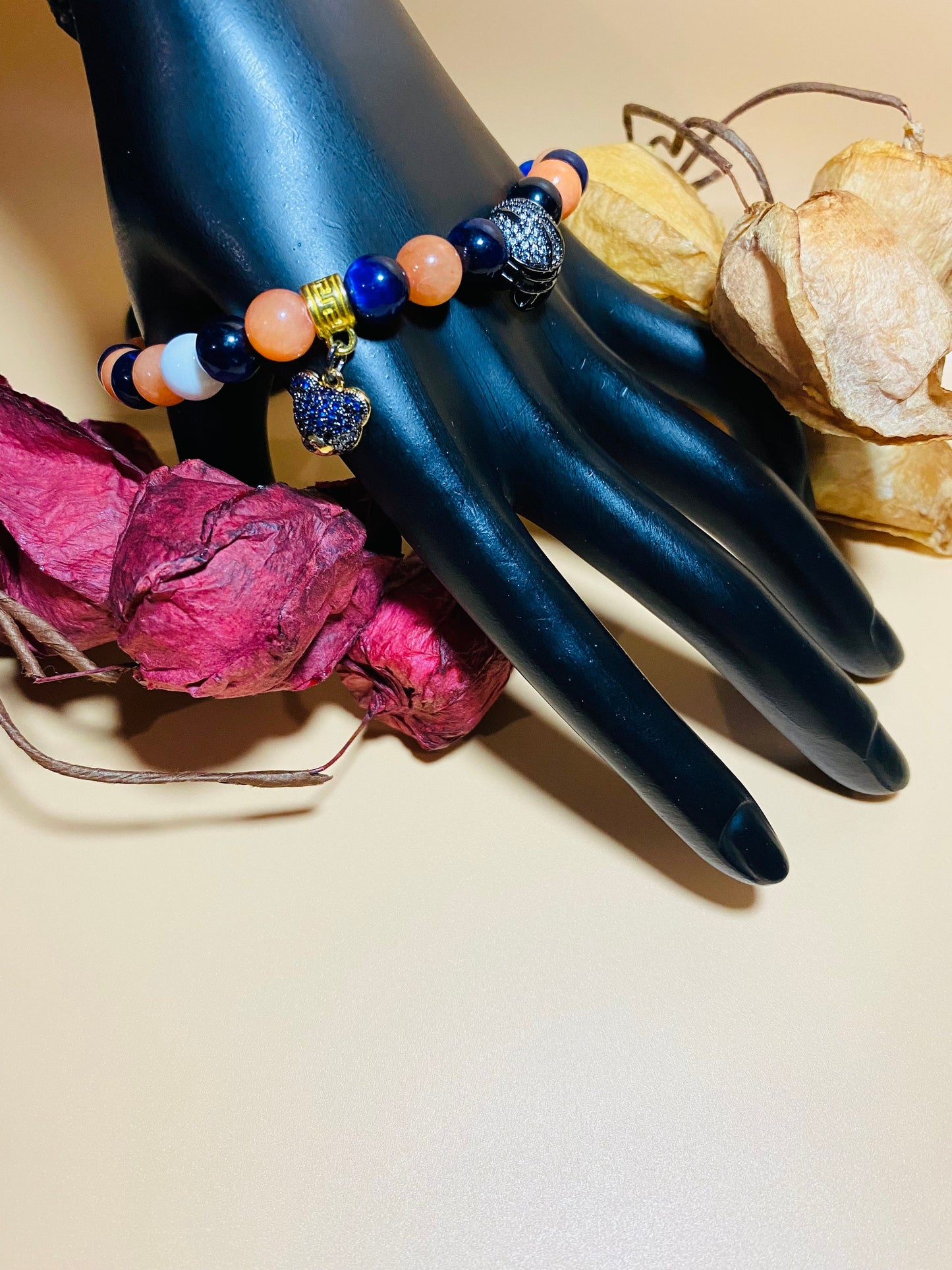 Chicago Bears Bracelet: Gemstone Beads, Bear & Football Helmet Charm