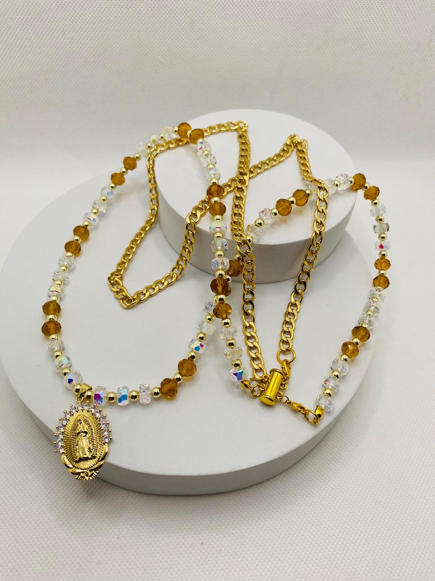 Virgin Mary Necklace: Gold Cuban Link Chain, Crystal Beads Religious Jewelry