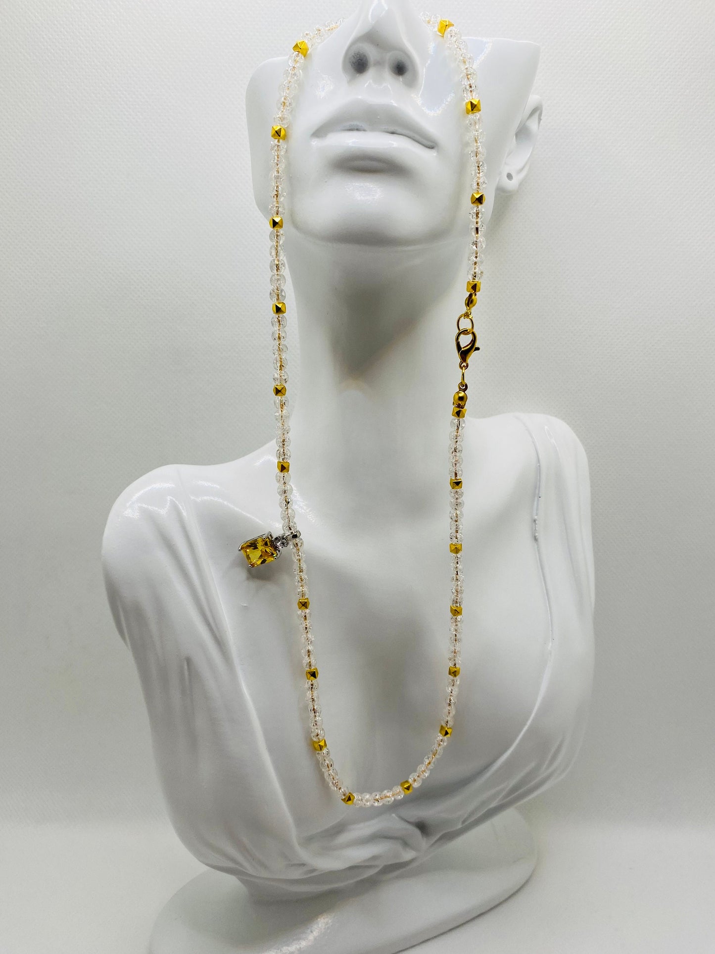 Citrine Pendant Necklace: 14k Gold Chain, Quartz Crystal Beads