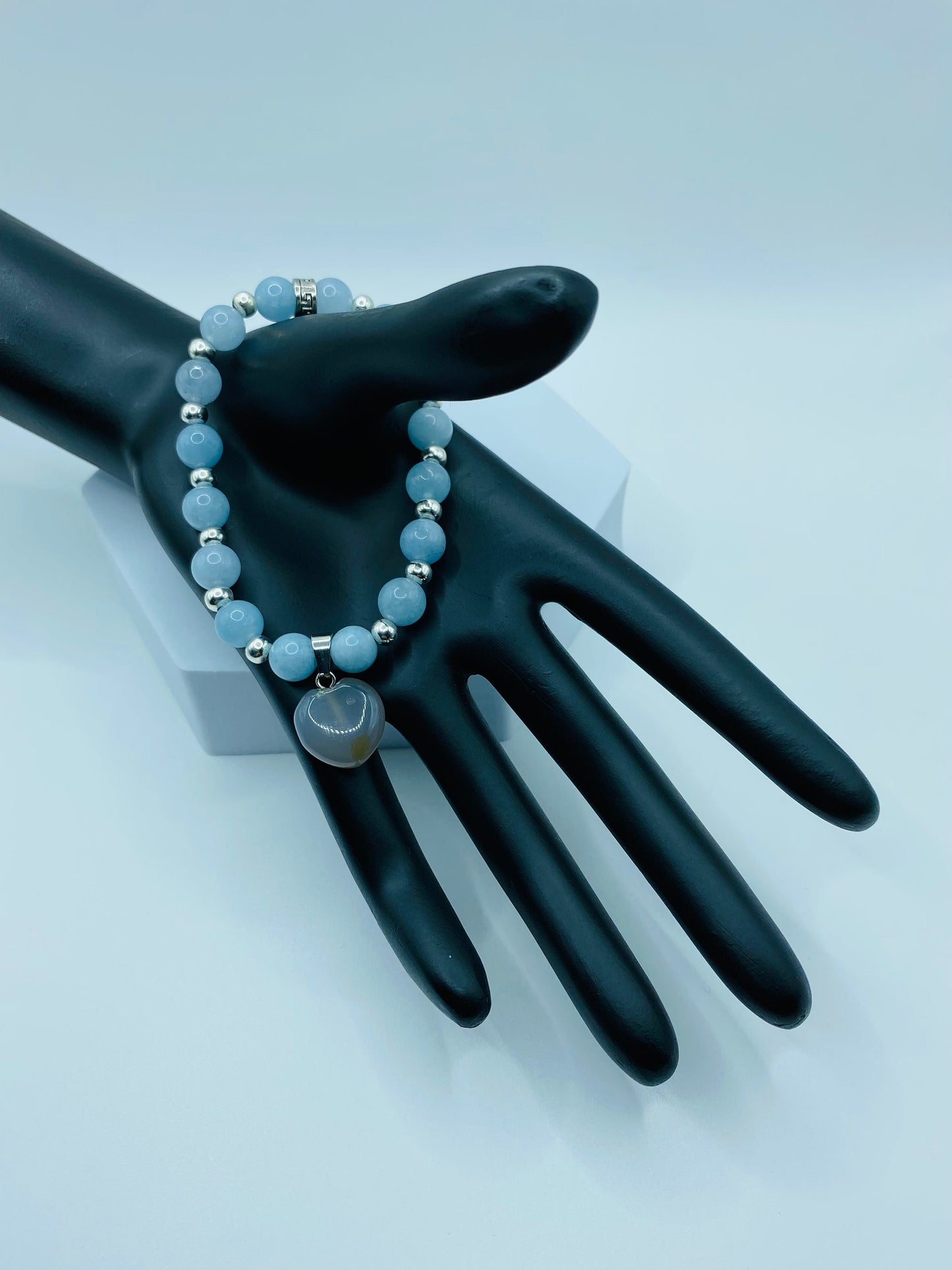 Aquamarine Bracelet with Smoky Quartz Heart: Handmade Gemstone Jewelry