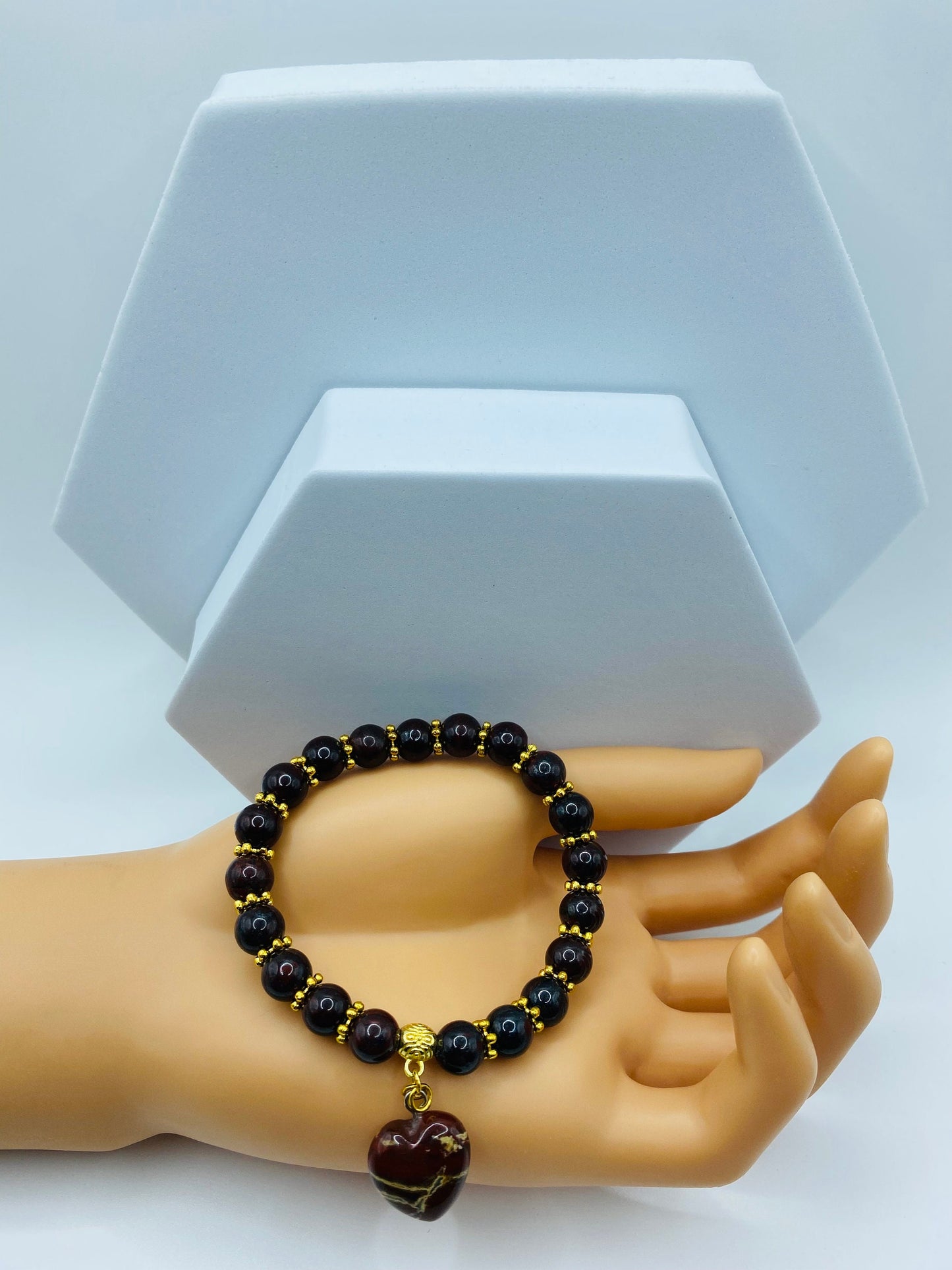 Poppy Jasper Heart Pendant Bracelet: Gold Accents, Gemstone Beads