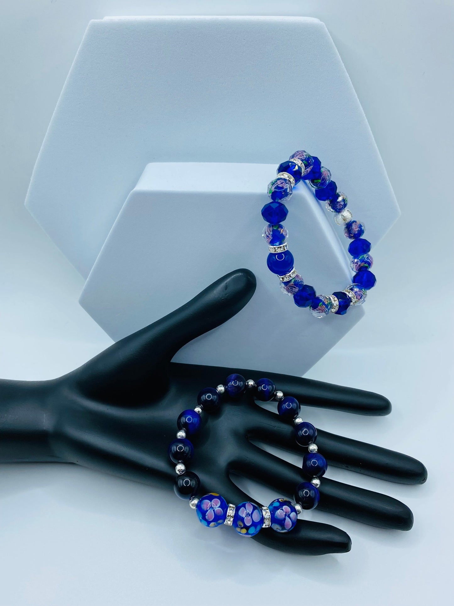 Blue Floral Lampwork Glass Bead Bracelet: Tigers Eye & Hematite