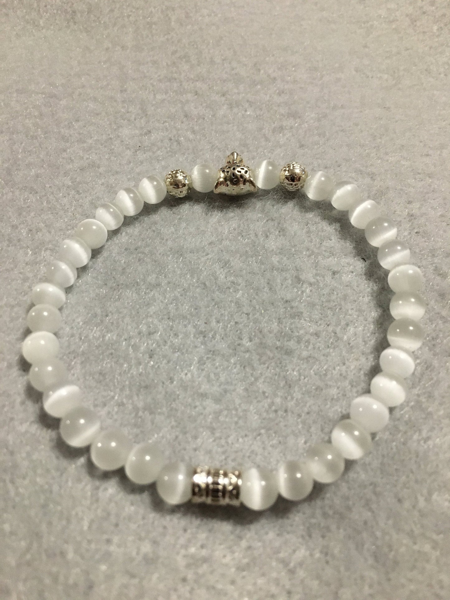 Leopard Charm Bracelet: White Cats Eye Bead, Silver Accents