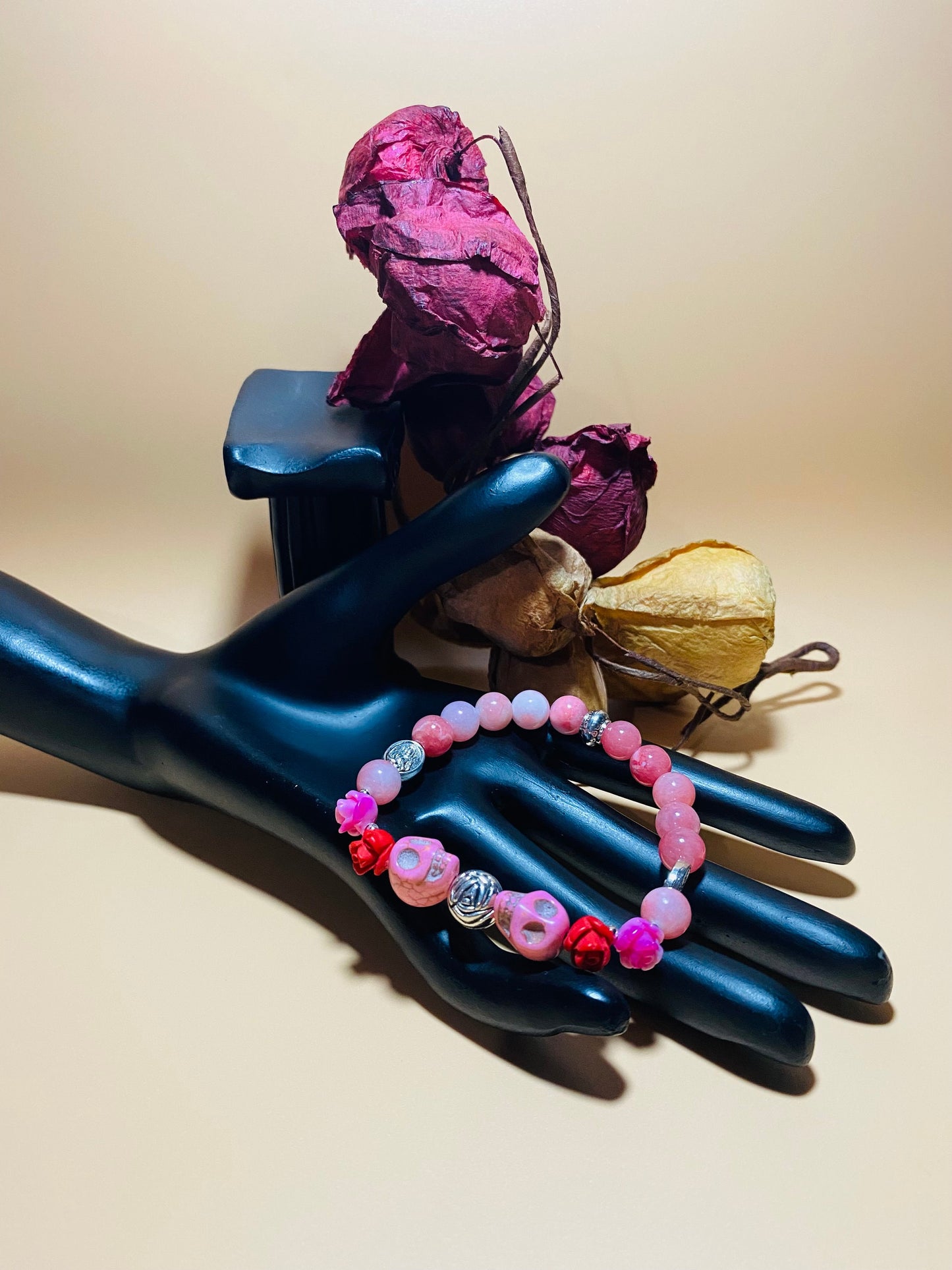 Day of the Dead Religious Jewelry, Jade Bracelet with Skull Beads & Roses, Flower Bracelet