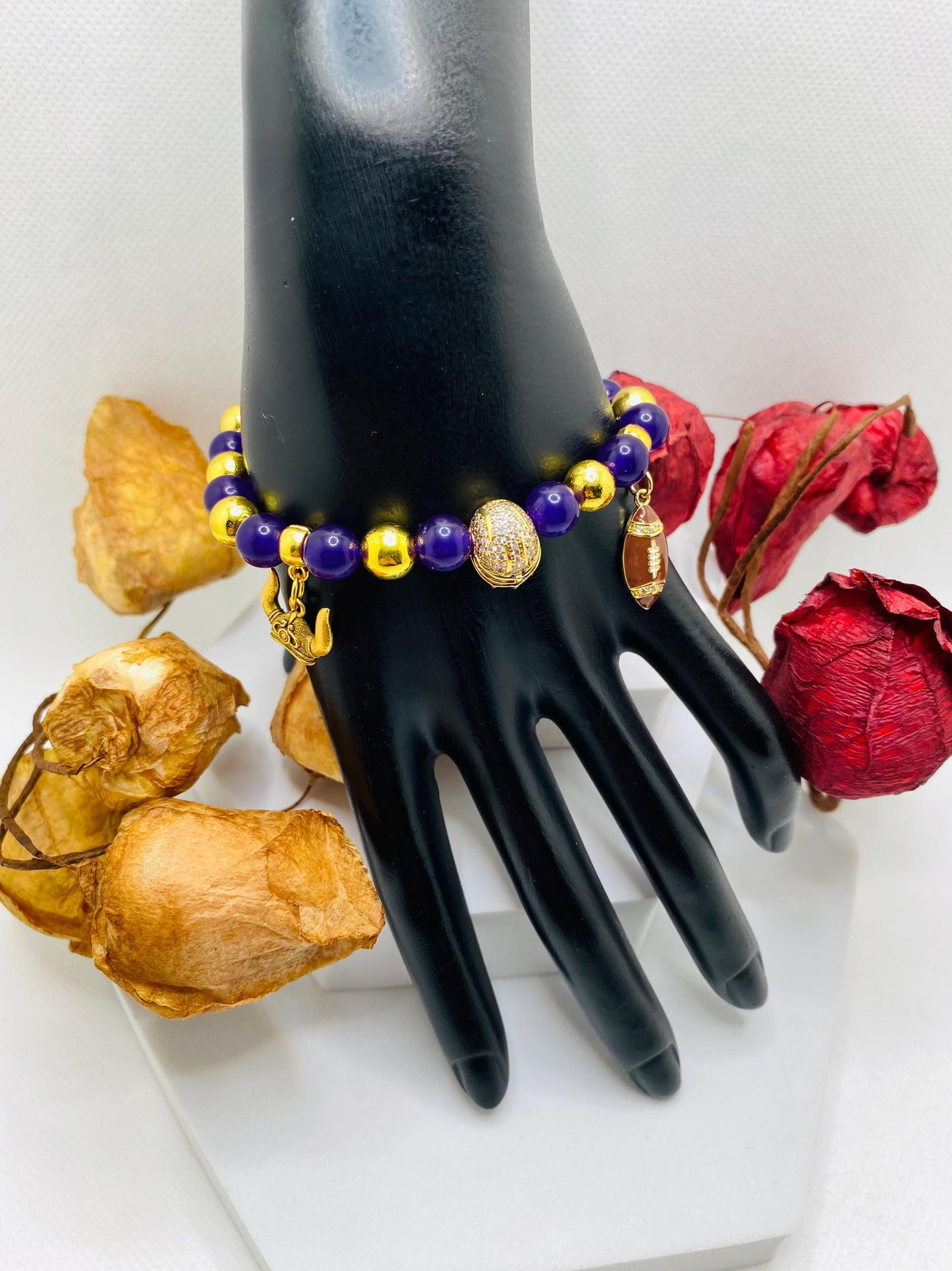 Minnesota Vikings Charm Bracelet: Purple Amethyst & Gold Football Helmet