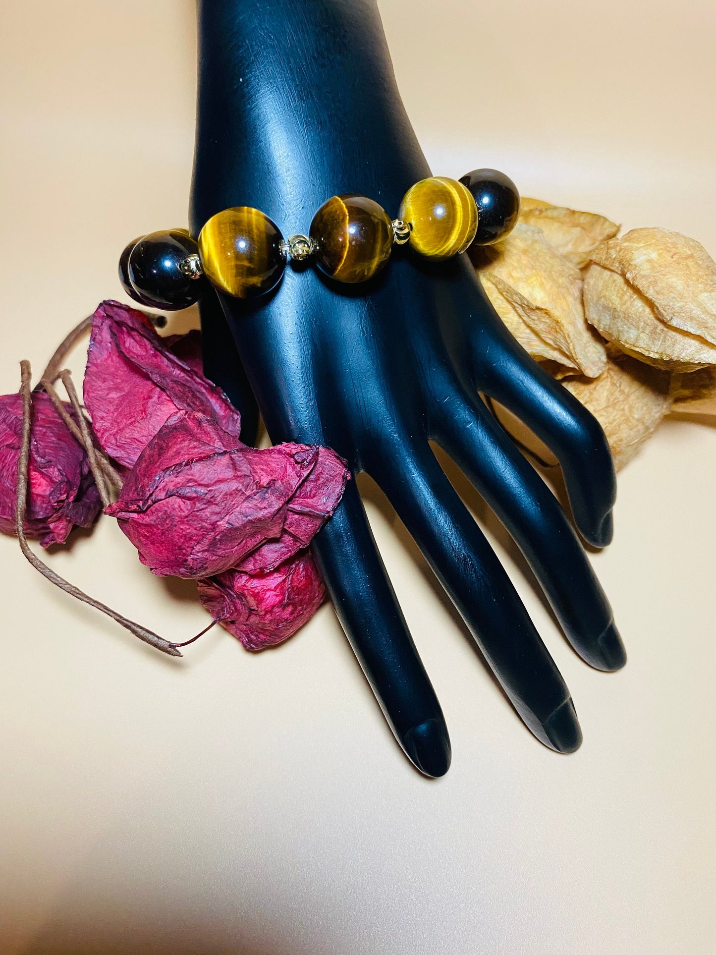 Tigers Eye Gemstone Bracelet: 16mm Beads with Gold Spacers