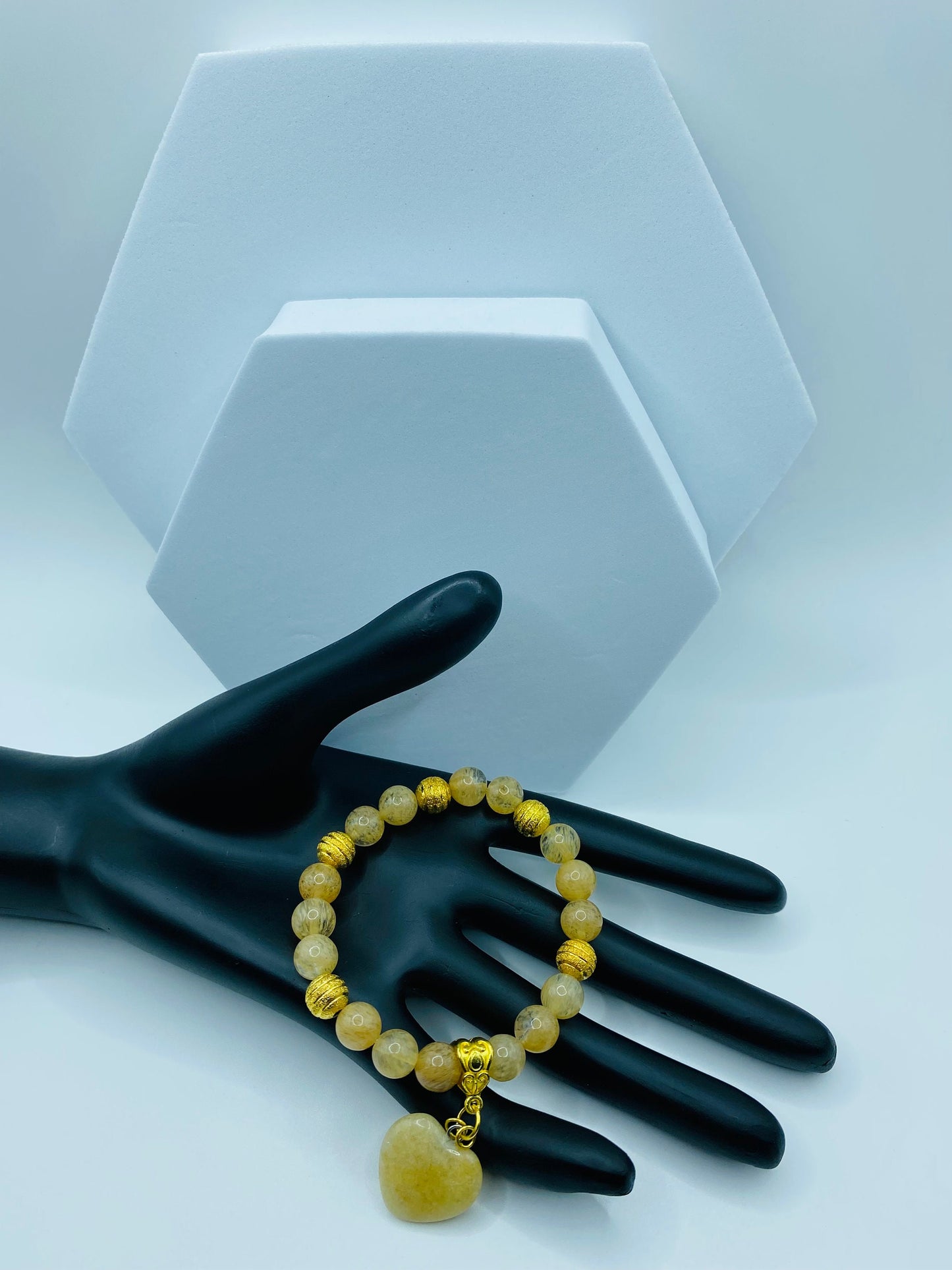 Rutilated Quartz Bracelet: 18K Gold Plated Heart Charm, Gemstone Beads