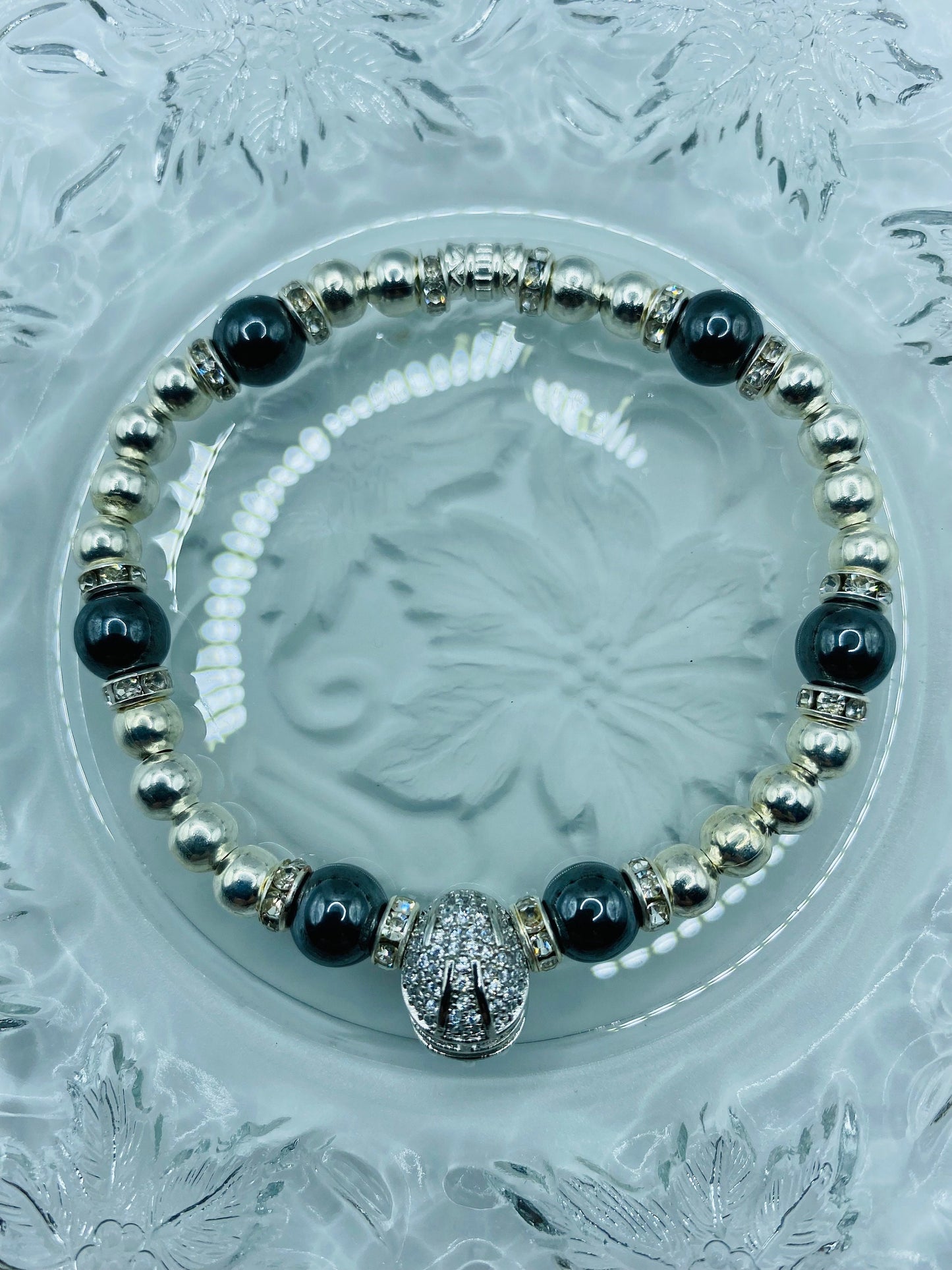 Las Vegas Raiders Bracelet: Hematite Beads, CZ Football Helmet