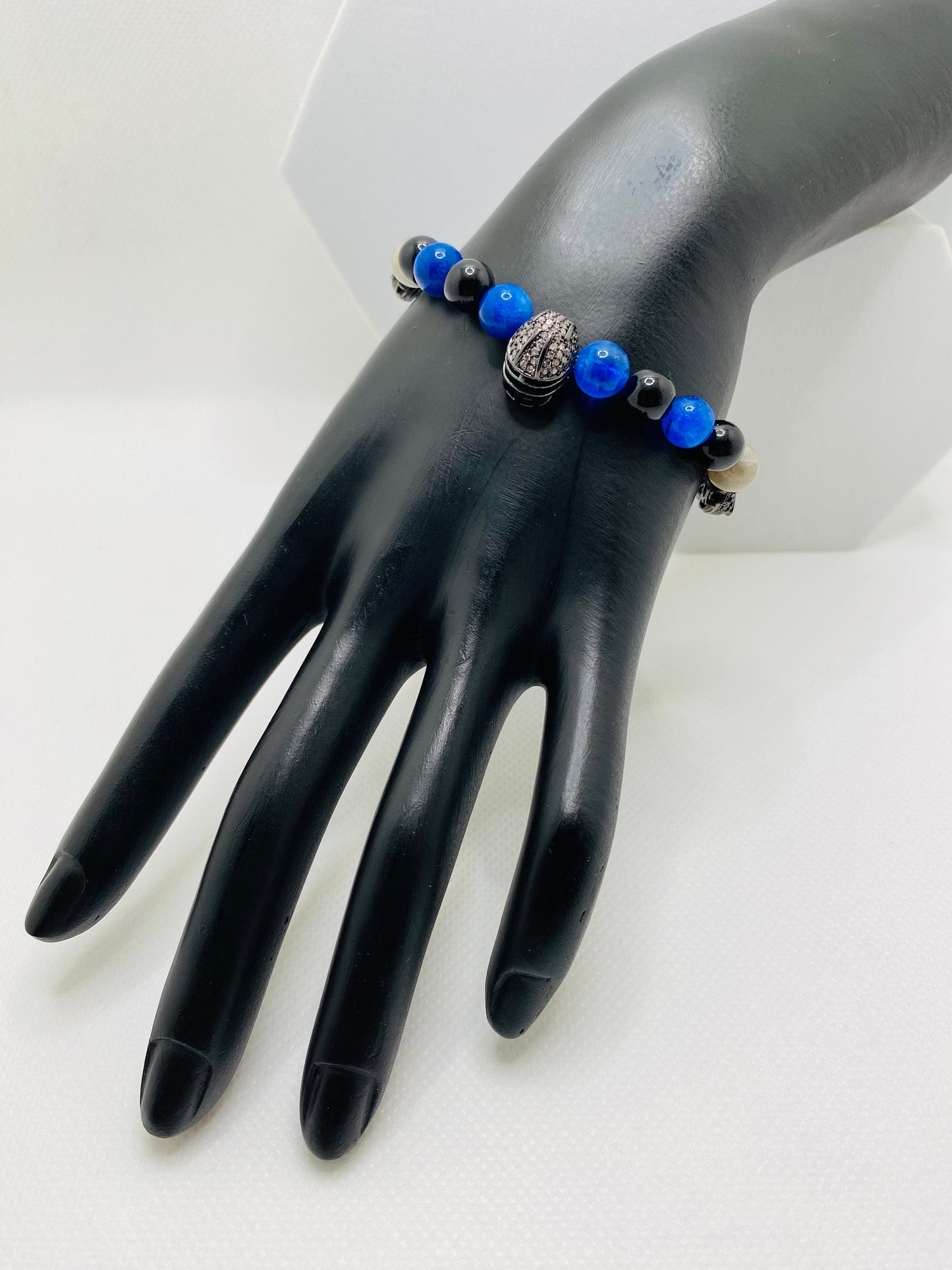 Carolina Panthers Bracelet: Onyx, Kyanite & Labradorite Gemstone Beads