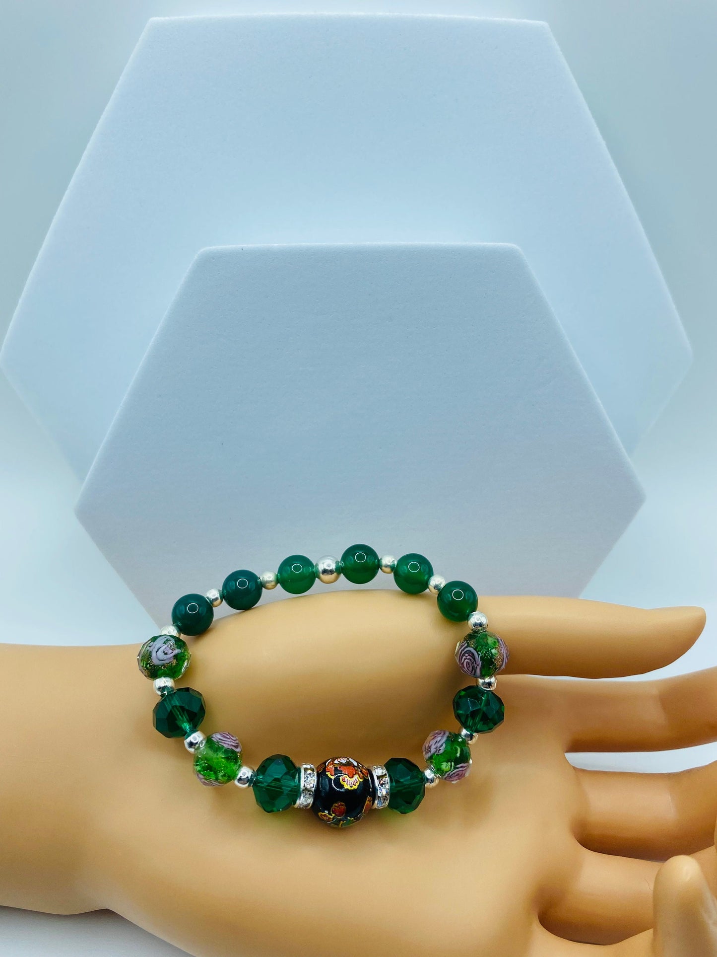 Jade Bracelet: Lampwork Floral Glass Beads & Hematite Gemstones