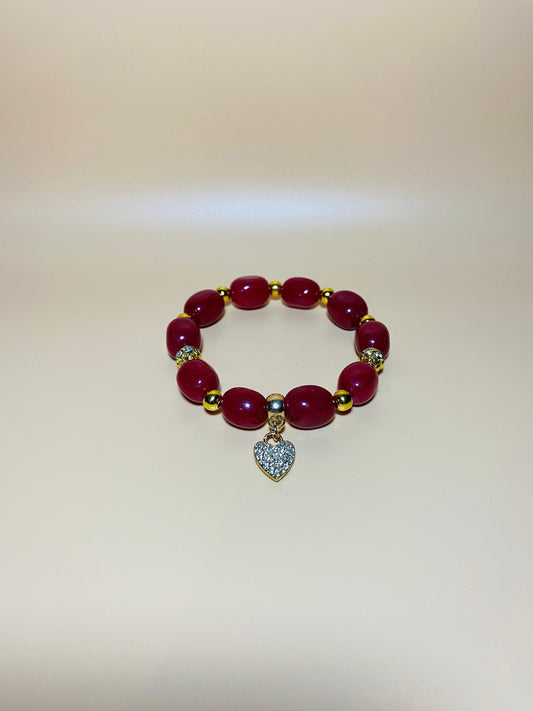 Red Jade Beaded Bracelet: Rhinestone Heart Pendant, Gold Accents