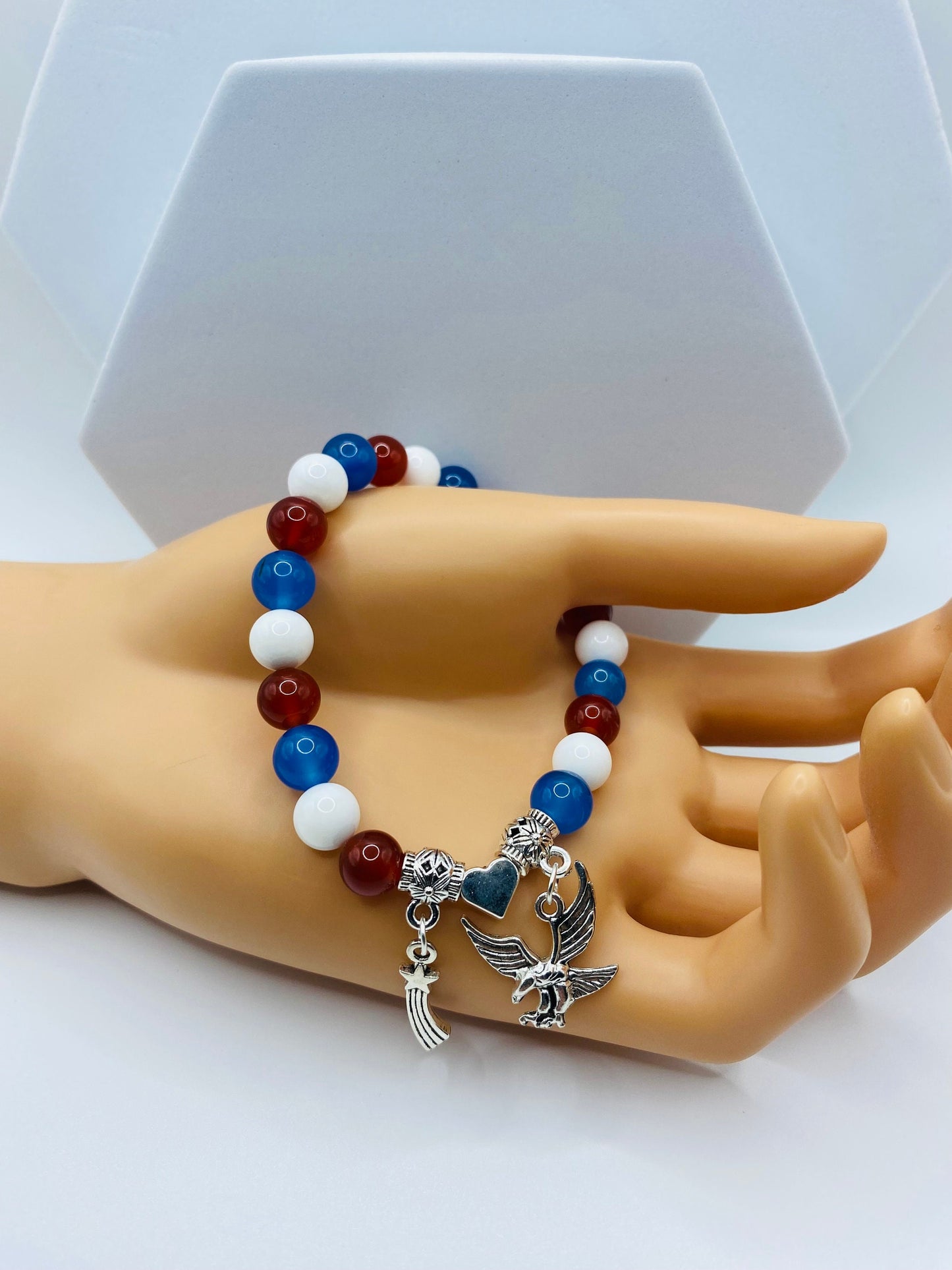 Red White Blue Gemstone Charm Bracelet: Eagle, Star, Heart