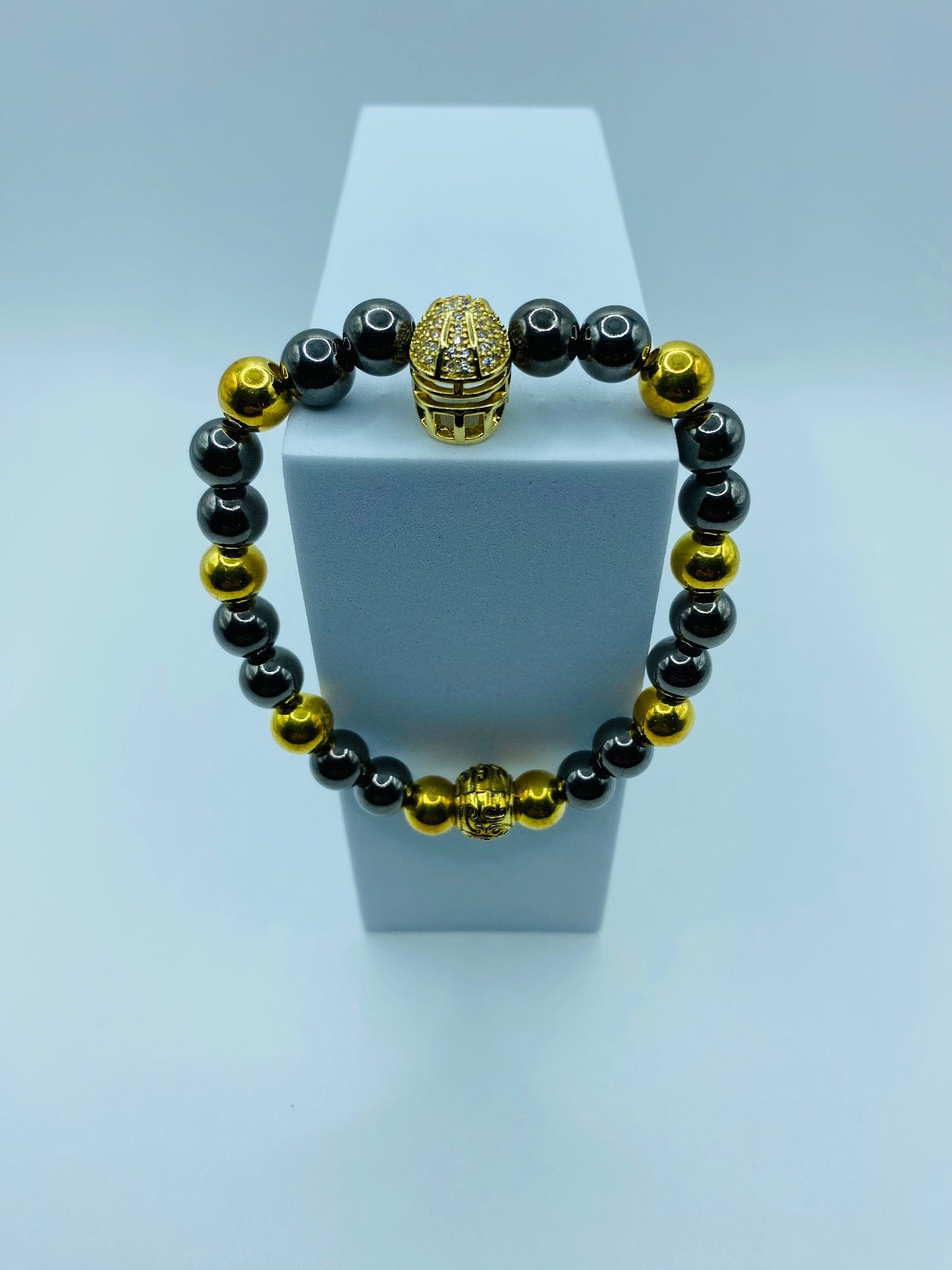 Pittsburgh Steelers Bracelet: 18k Gold Plated Hematite, CZ Football Helmet