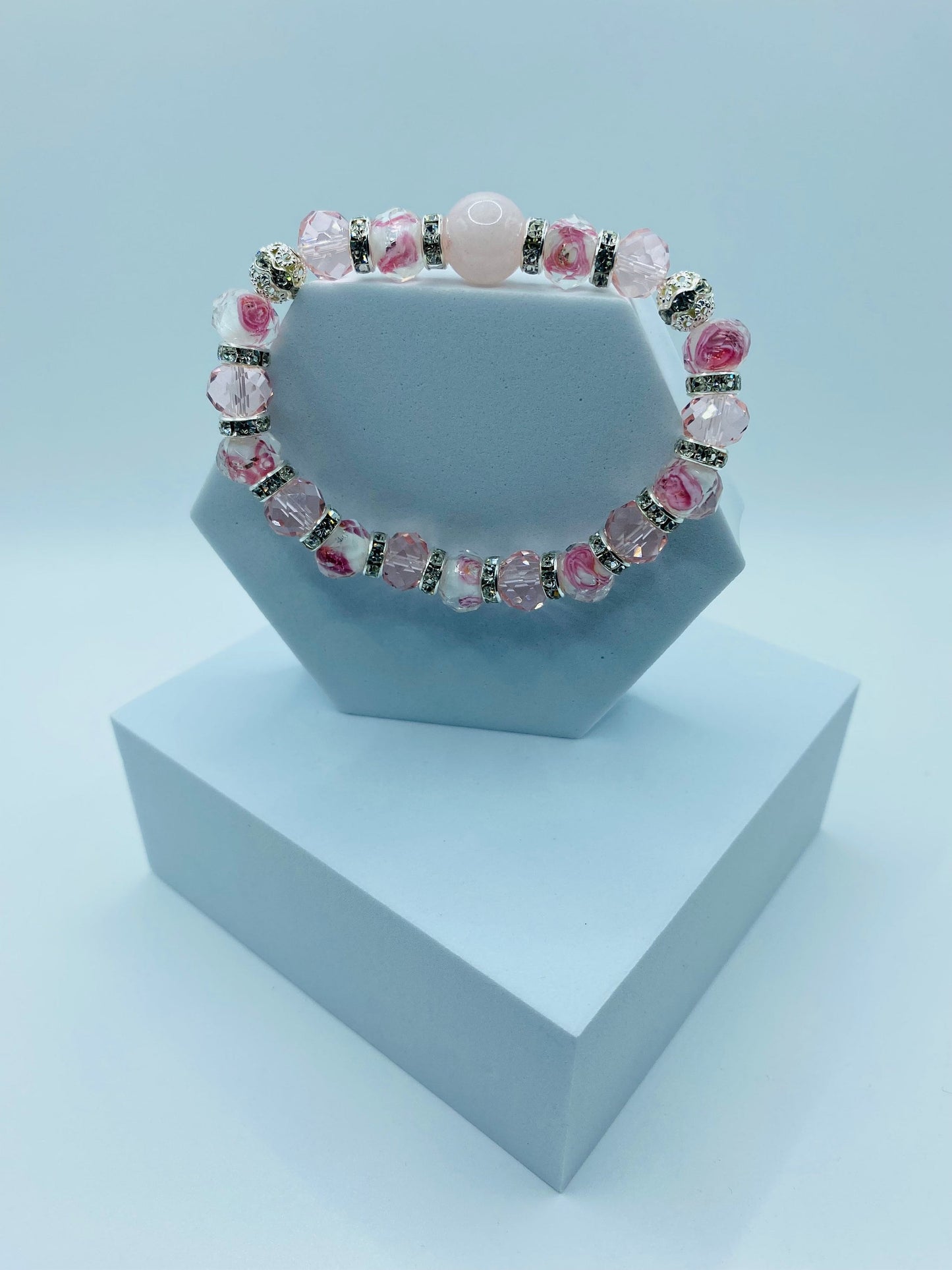 Lampwork Beads Flower Girl Bracelet - Rose Quartz Crystal Bracelets for Women - Pink Glass Beads