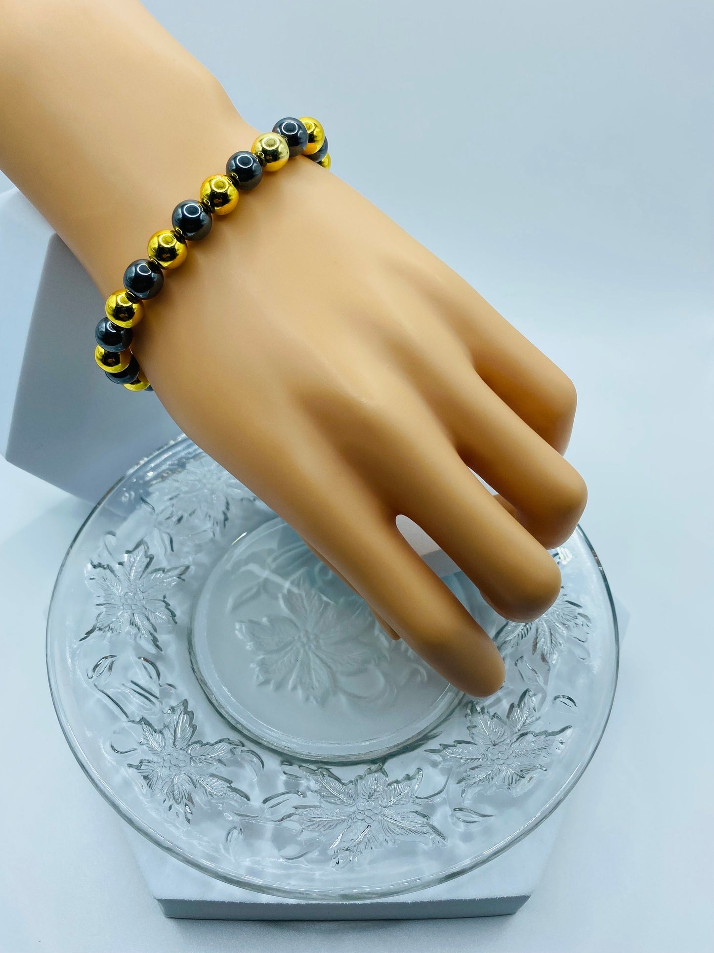 18k Gold & Black Hematite Gemstone Bracelet - Custom Sized