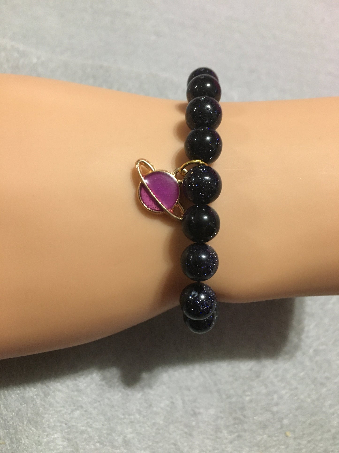 Saturn Charm Bracelet: Blue Goldstone Celestial Jewelry