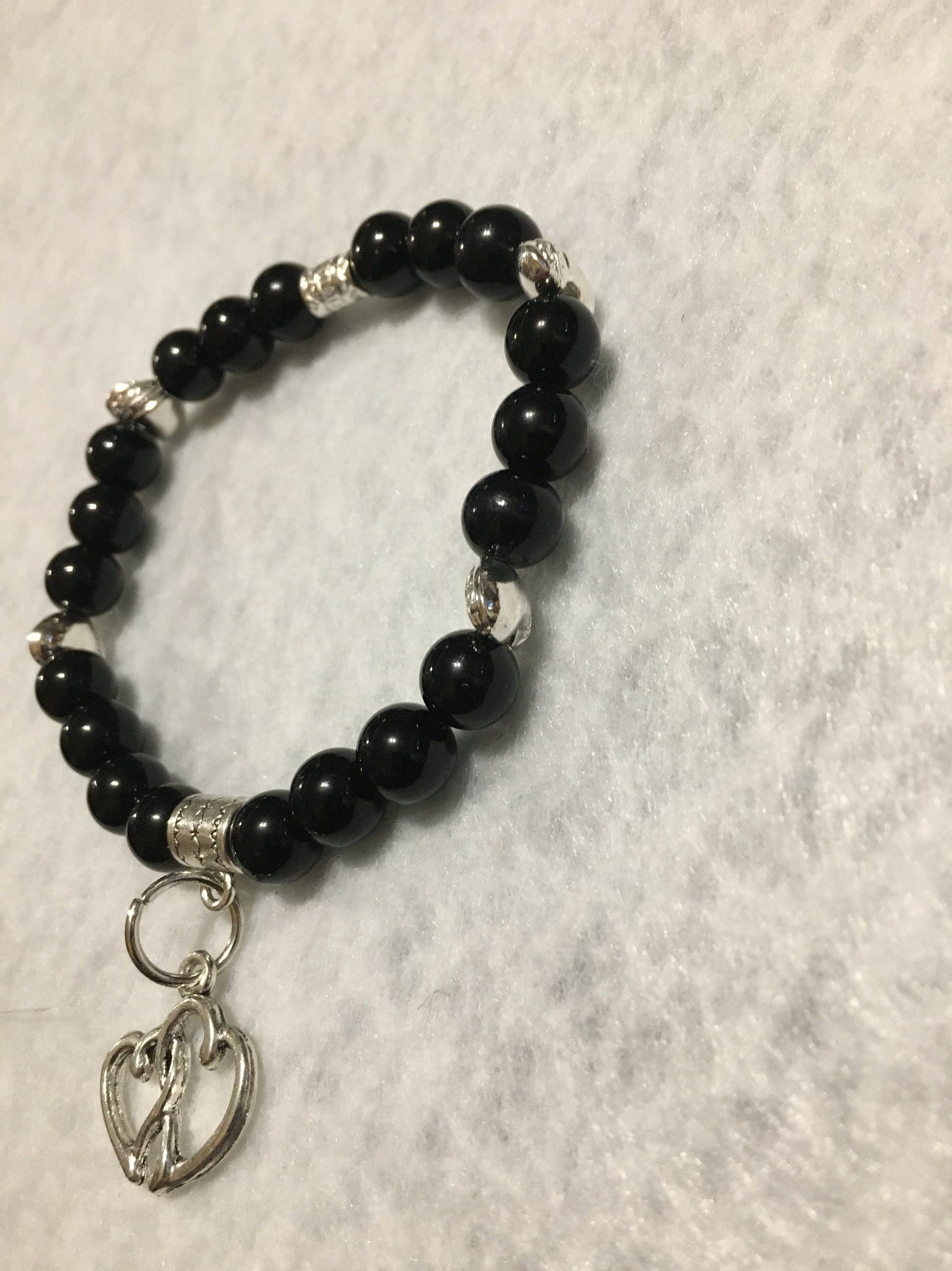 Black Tourmaline Bracelet with Intertwined Heart Charm