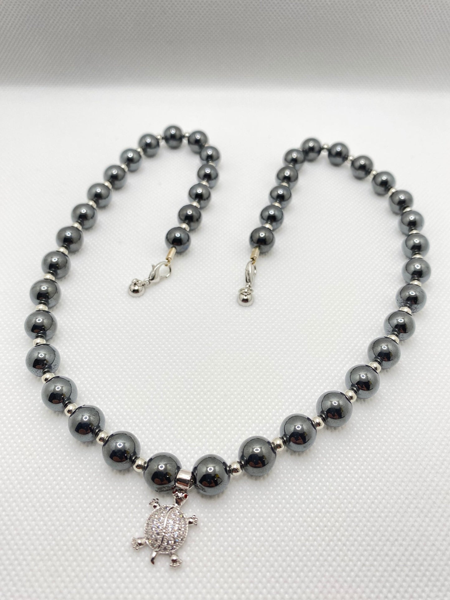 Hematite Gemstone Necklace: Silver Turtle Charm, Handmade Beaded Jewelry