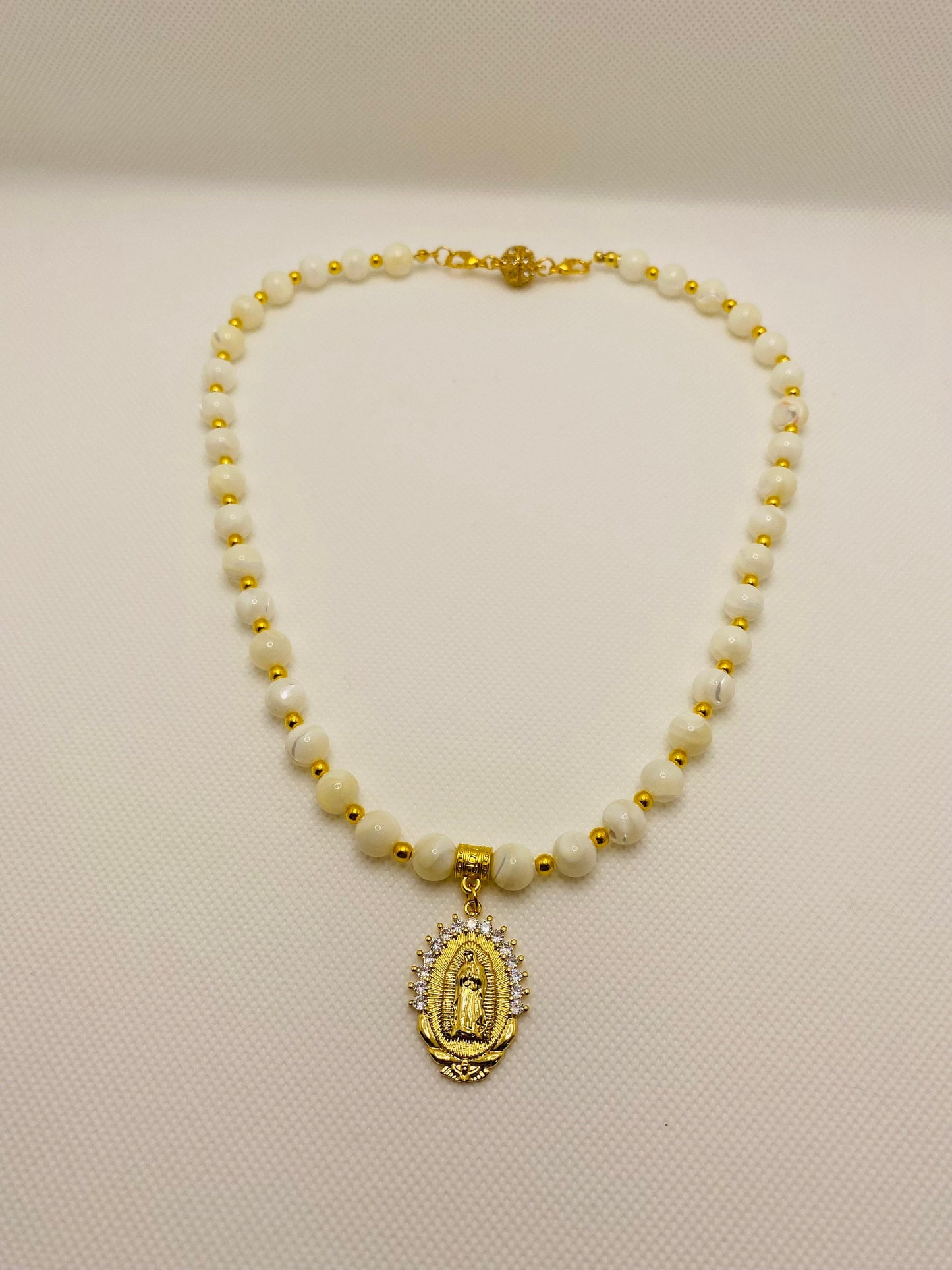 Mother of Pearl Necklace: Virgin Mary Pendant, Gold Stainless Steel