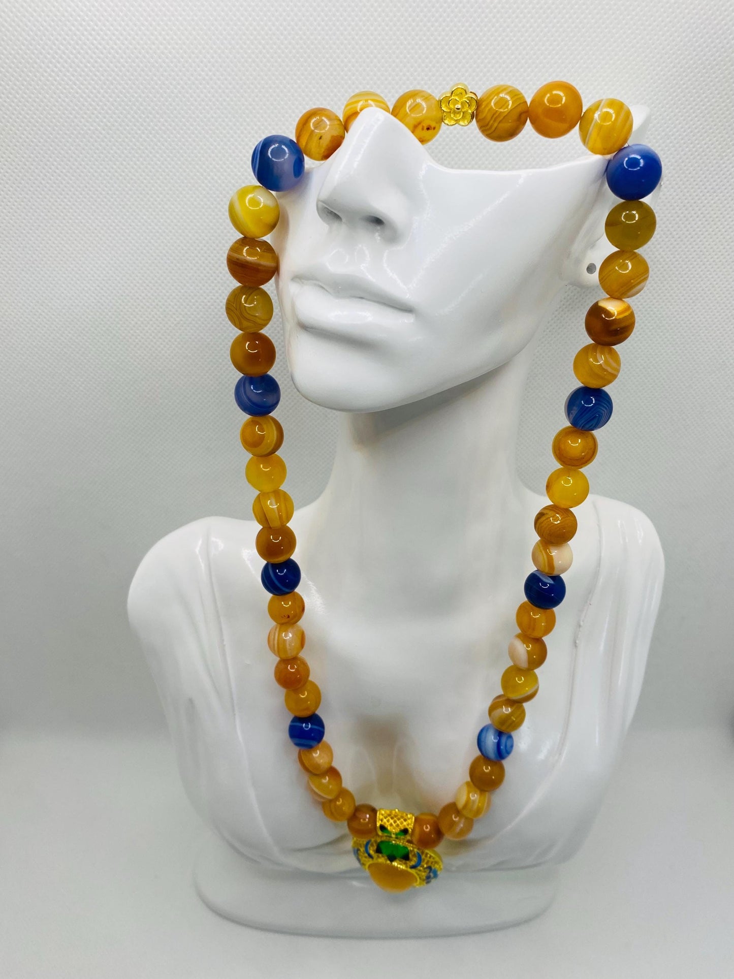 Handmade Chalcedony Pendant Necklace: Striped Agate Gemstone Beads, Boho Jewelry