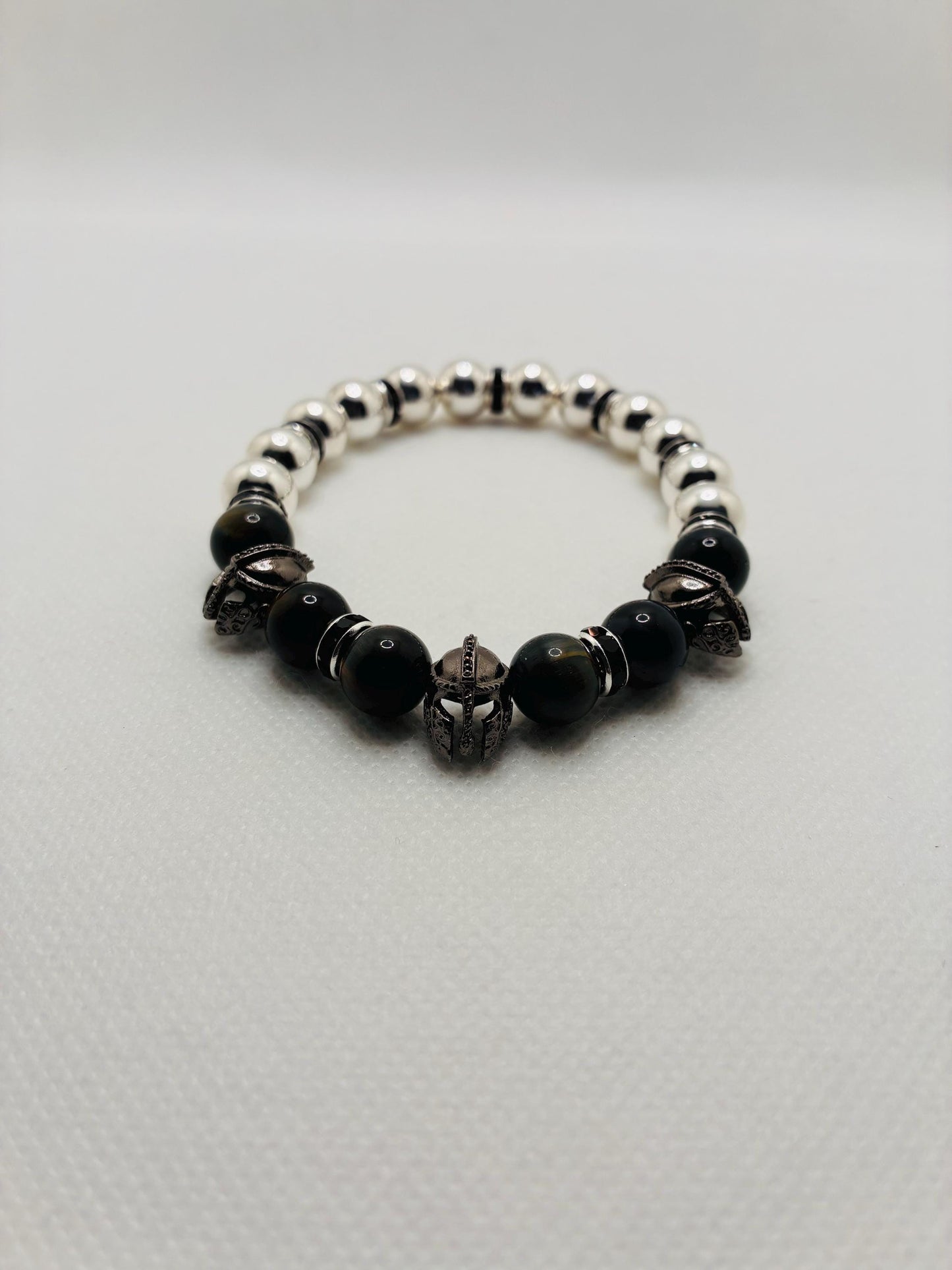 Mens Spartan Helmet Bracelet: Silver Hematite & Obsidian Gemstone Beads, Medieval Jewelry