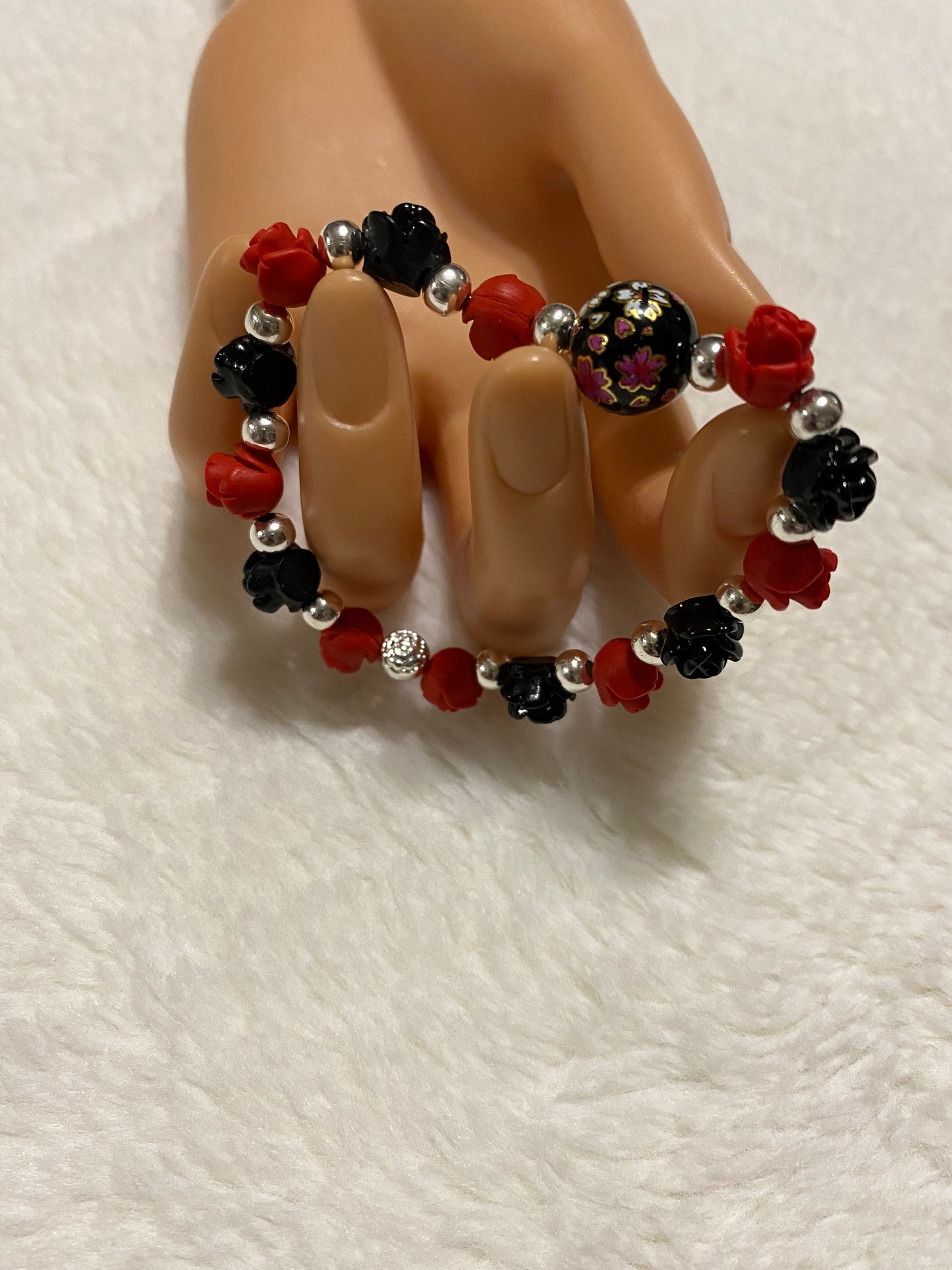 Red & Black Rose Bracelet: Floral Jewelry with Hematite Beads