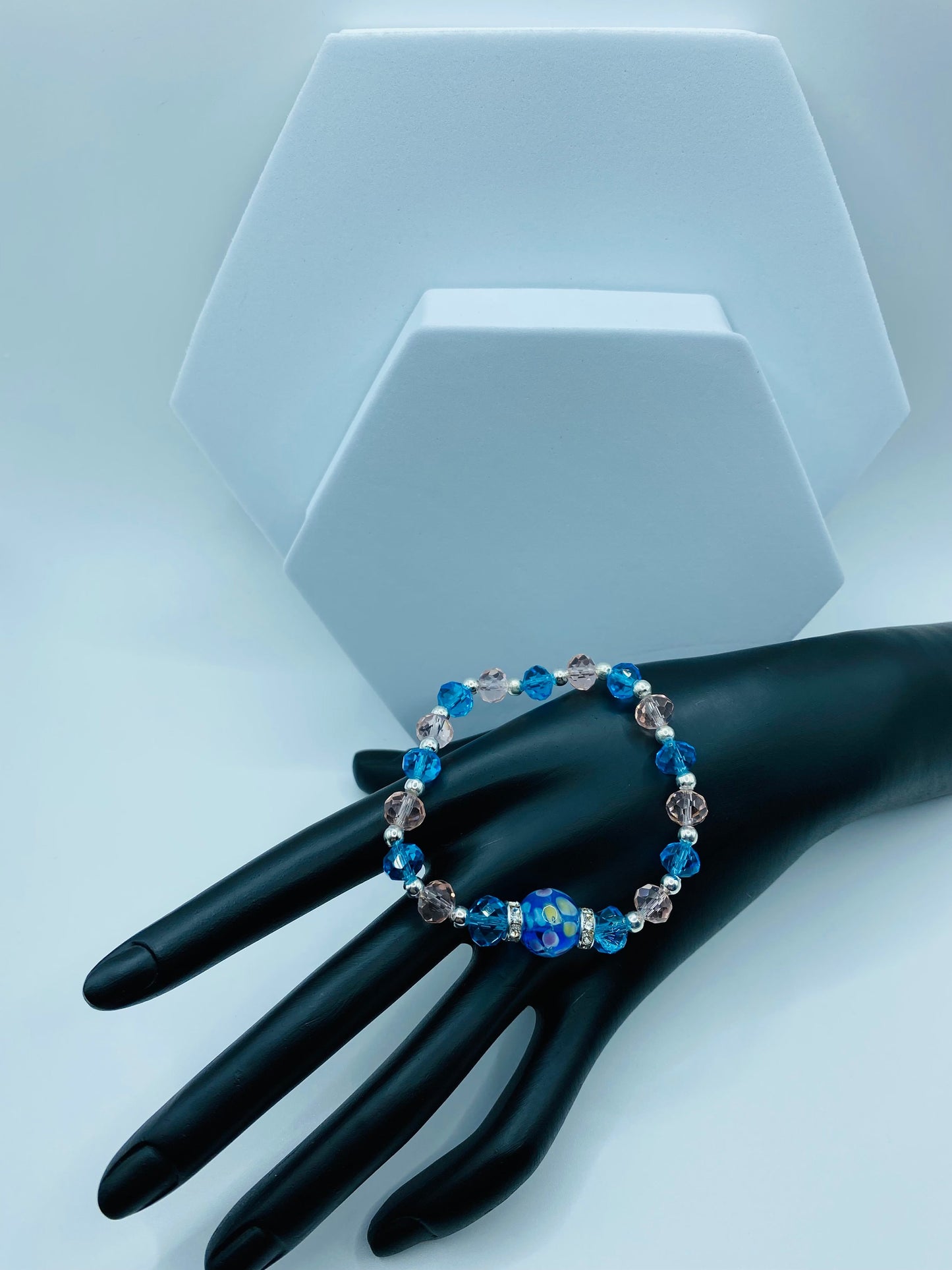 Floral Lampwork Glass Bead Bracelet: Pink & Blue Crystal