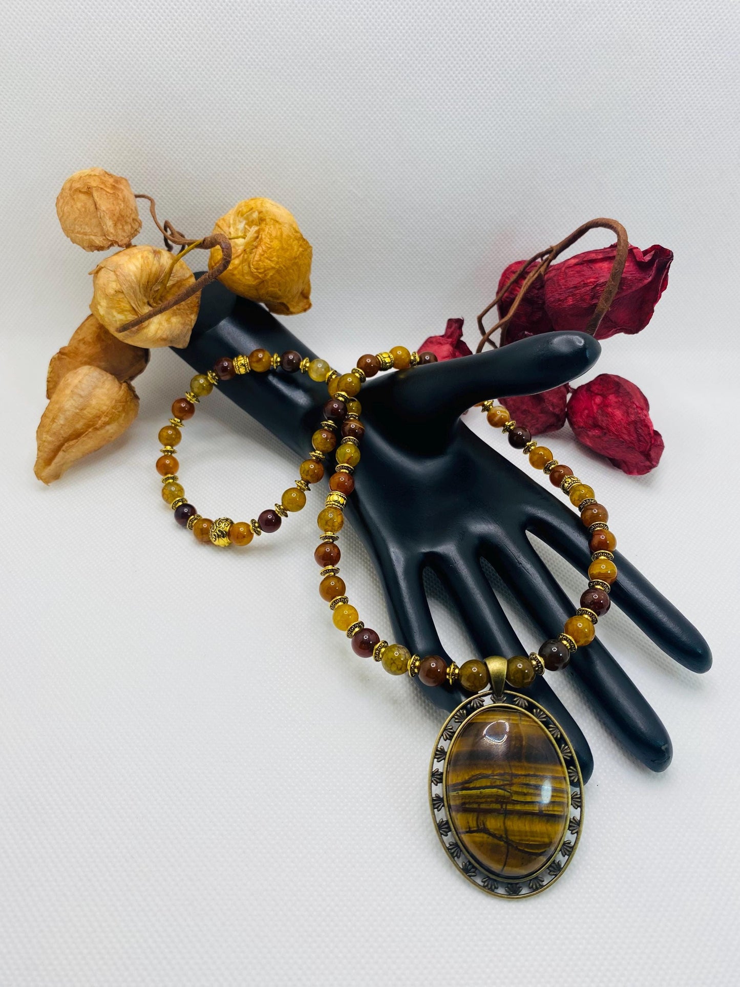 Tigers Eye & Dragon Vein Agate Necklace: Tibetan Style Gemstone Jewelry