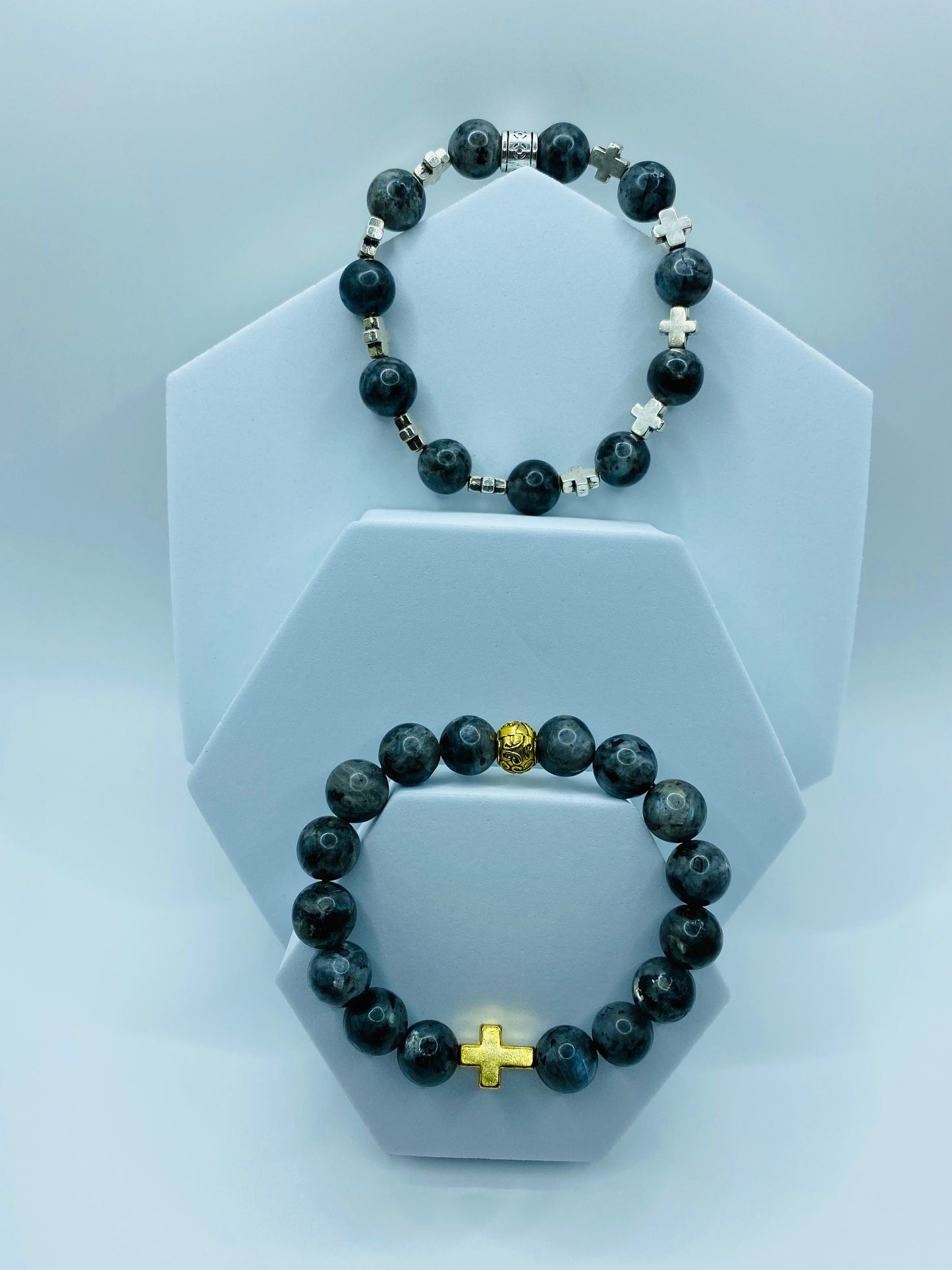 Labradorite Bracelet with Gold Cross Charm: Religious Jewelry Gift