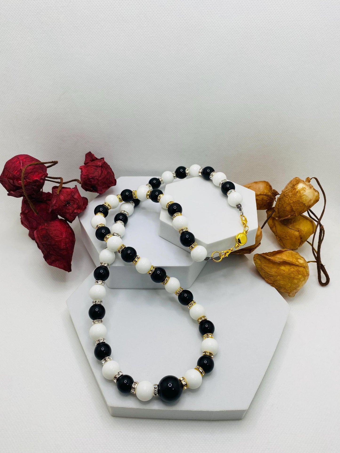 Handmade Onyx Gemstone Necklace: Black & White Beaded Jewelry