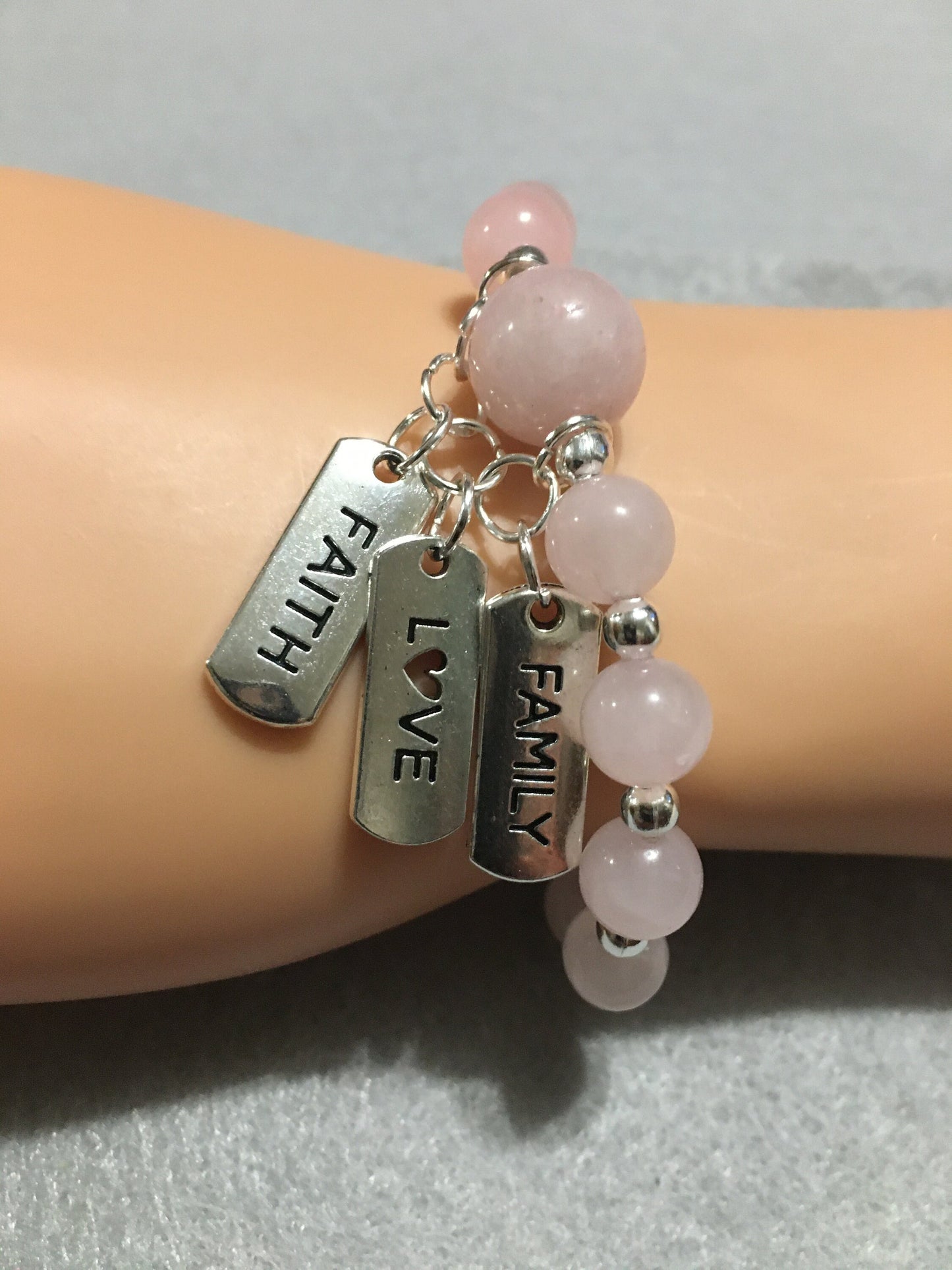 Rose Quartz Charm Bracelet for Women, Inspirational Quotes & Hematite Gemstone Beads - Gifts for Her