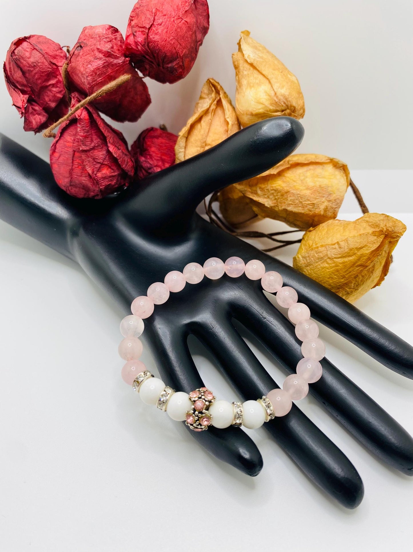 Rose Quartz Charm Bracelet: Agate Beads, Silver Rhinestone Charm