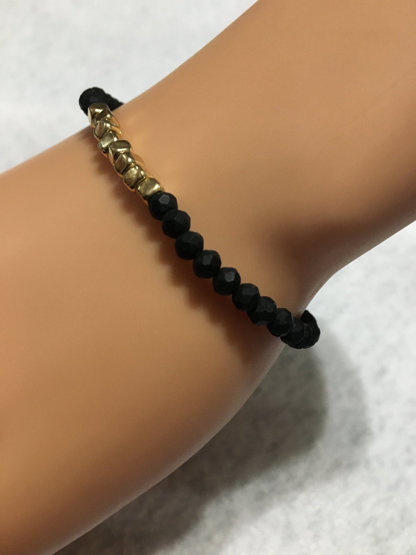 Black Quartz Crystal Bracelet with Gold Spacer Beads - Handmade
