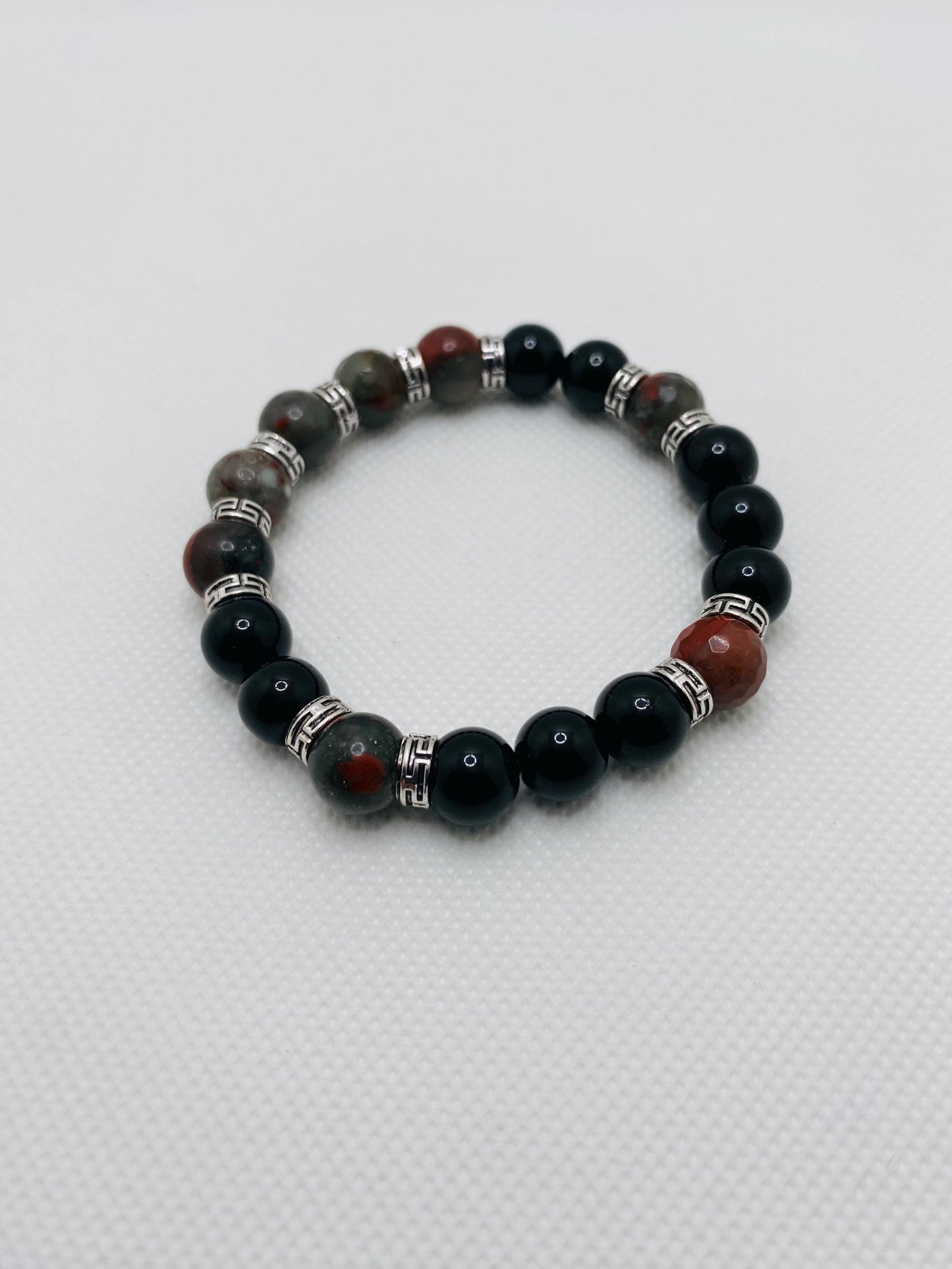Mens Beaded Bracelet with Onyx & African Jasper Bloodstones, Tibetan Jewelry, Gifts for Men