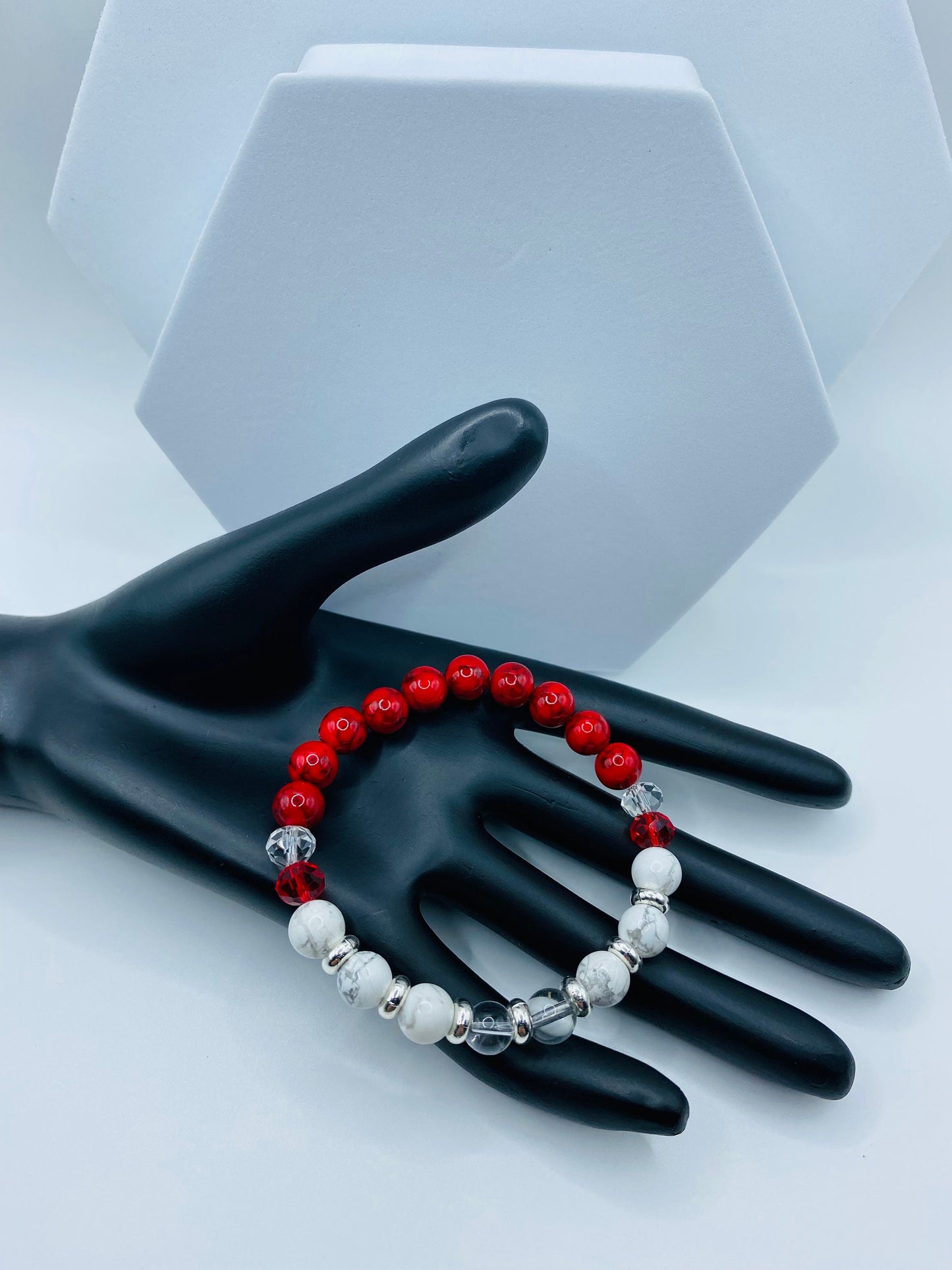 Red Turquoise & Howlite Gemstone Bracelet: Crystal Quartz Beaded Jewelry