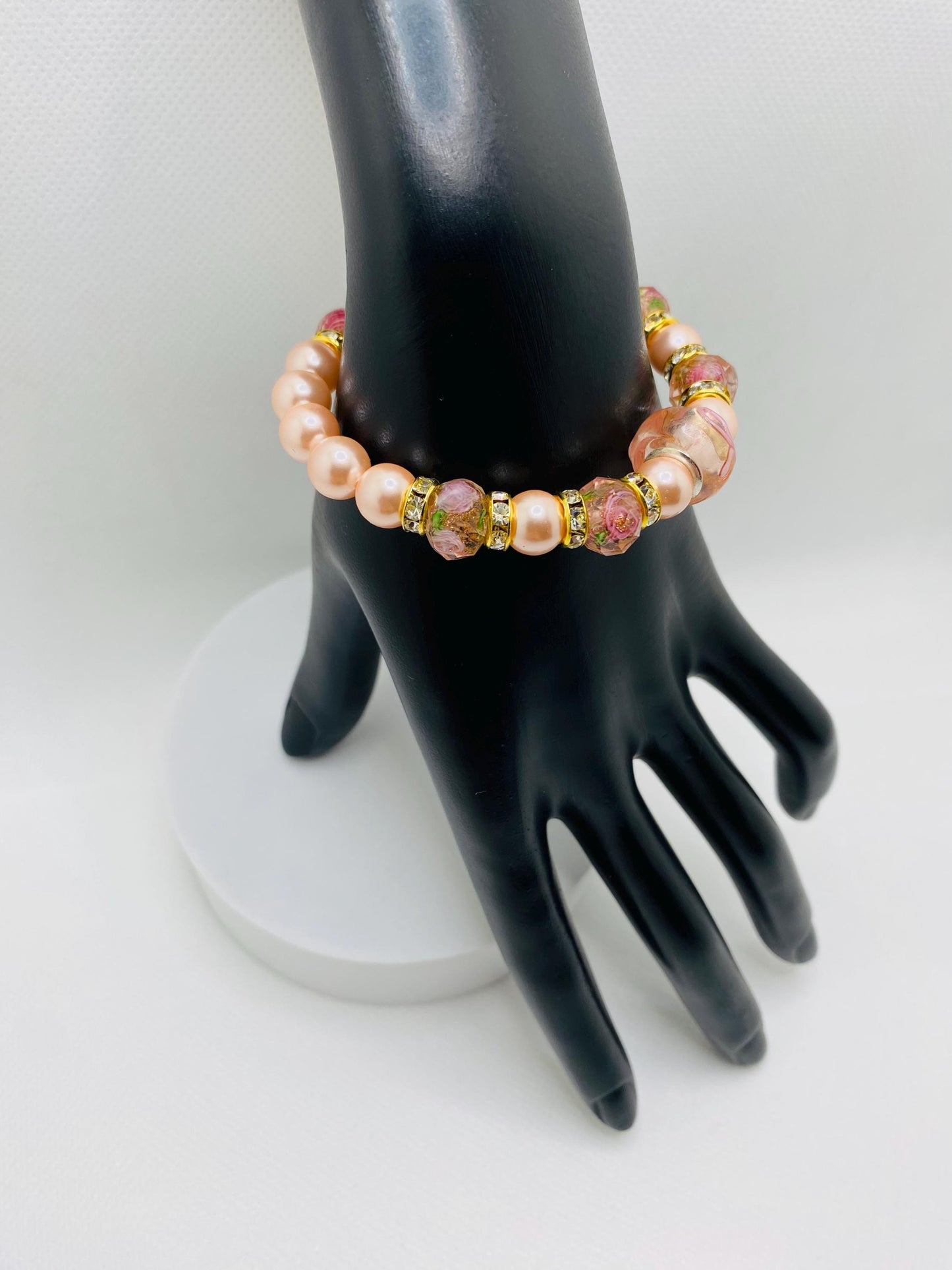 Pink Lampwork Glass & Mother of Pearl Bracelet: Rhinestone Rondelles