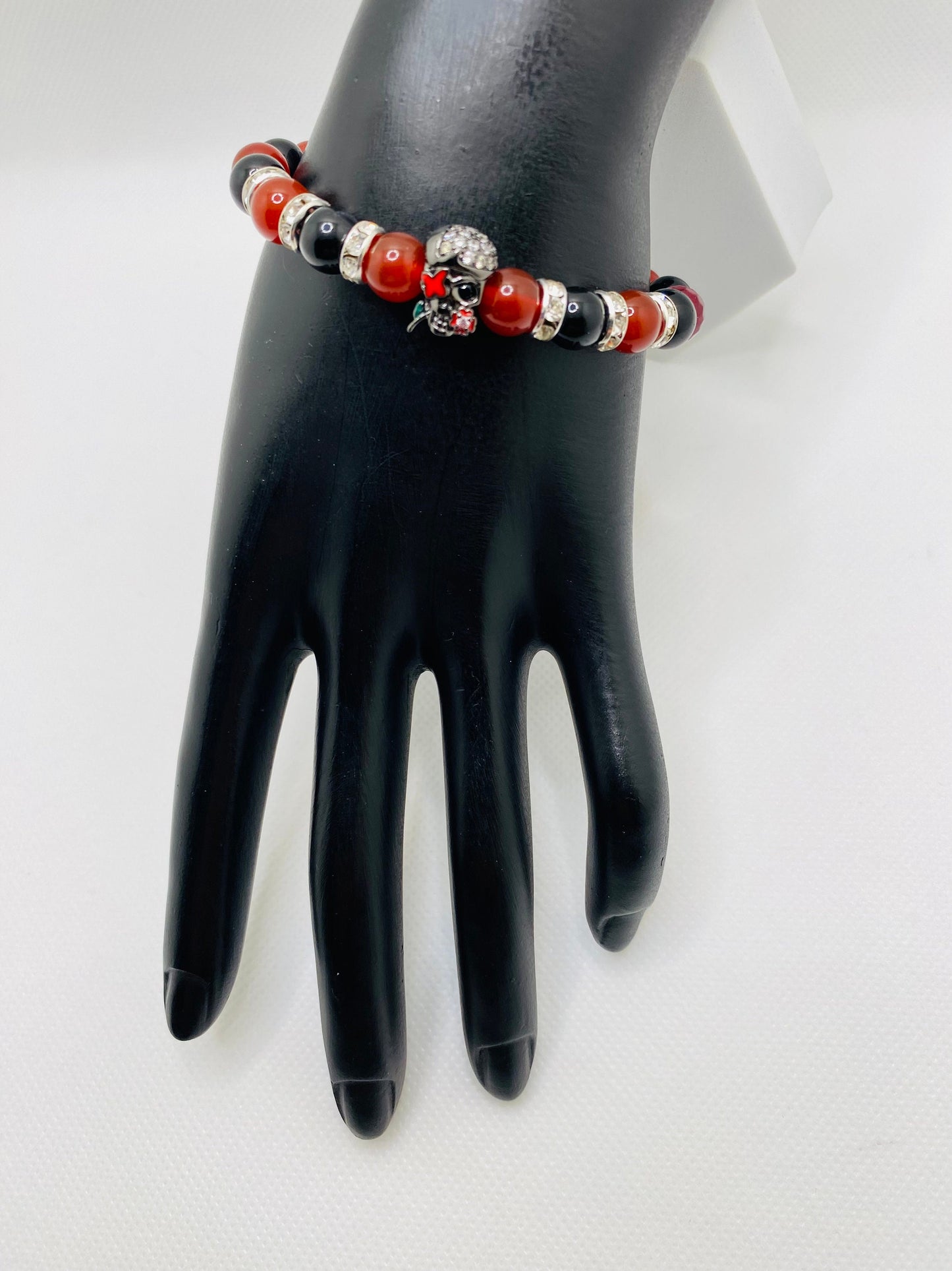 Sugar Skull Bracelet: Black Onyx, Red Carnelian, Rhinestone Rondelles