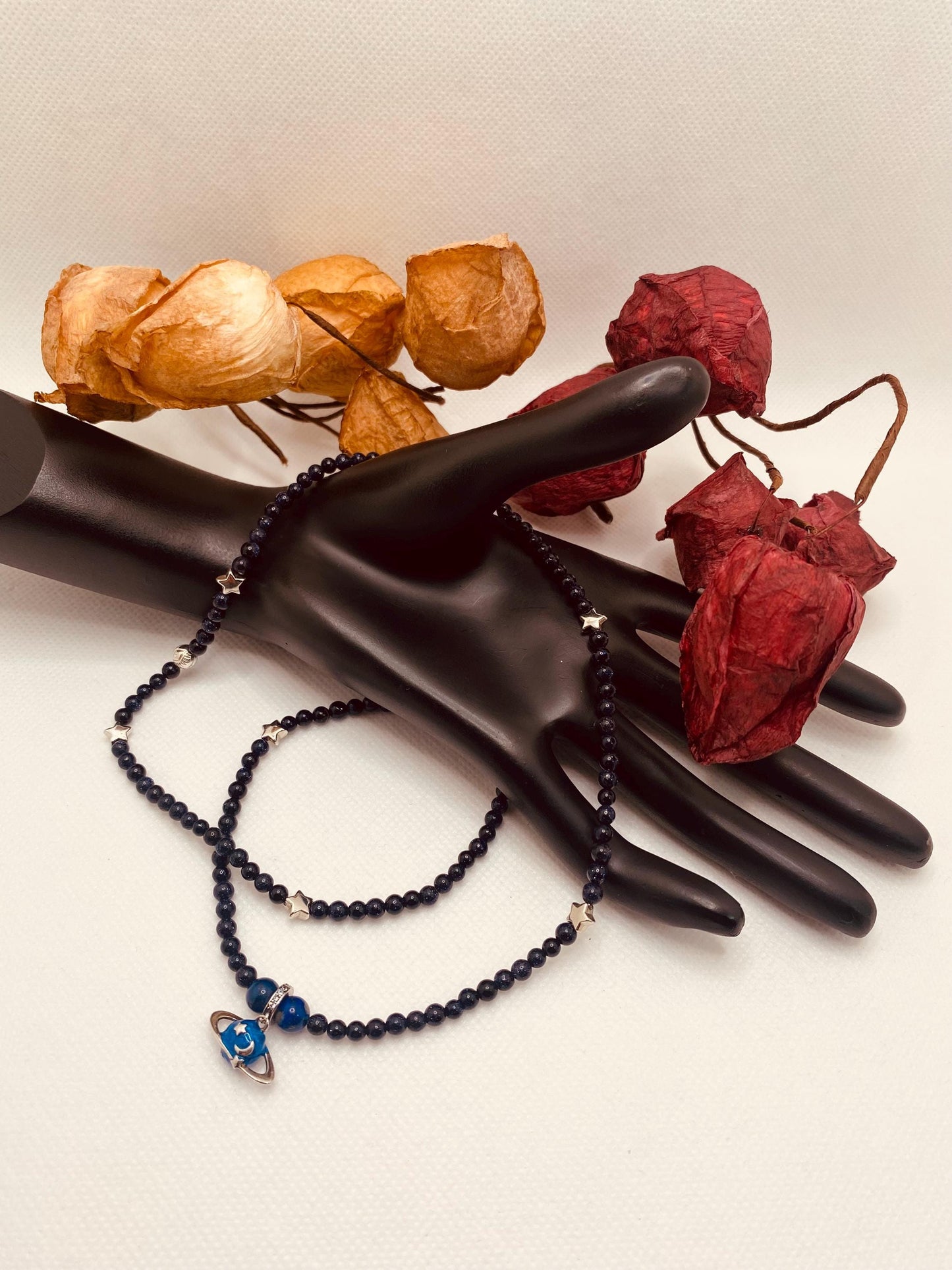 Saturn Necklace: Blue Goldstone Celestial Jewelry