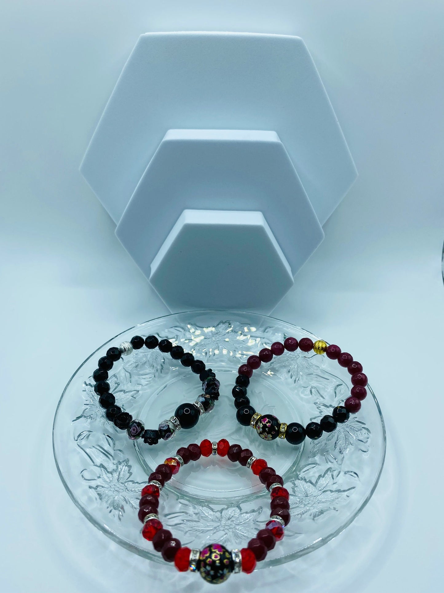 Red Jade & Crystal Beaded Bracelet with Floral Painted Glass Bead