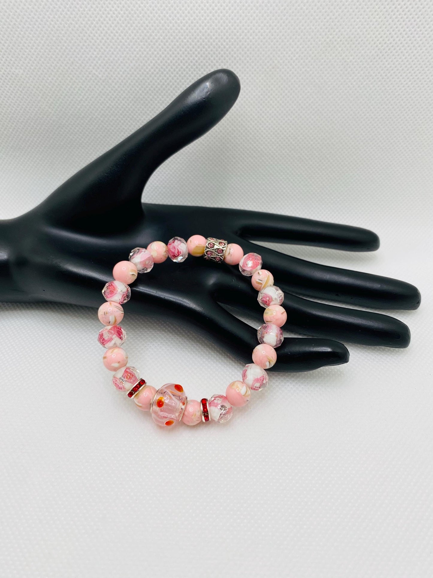 Pink Lampwork Glass Bead Bracelet: Floral Trochus Turquoise